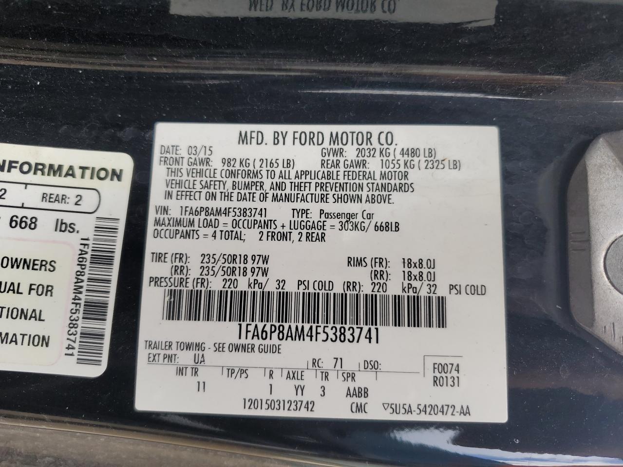 2015 Ford Mustang VIN: 1FA6P8AM4F5383741 Lot: 68882354