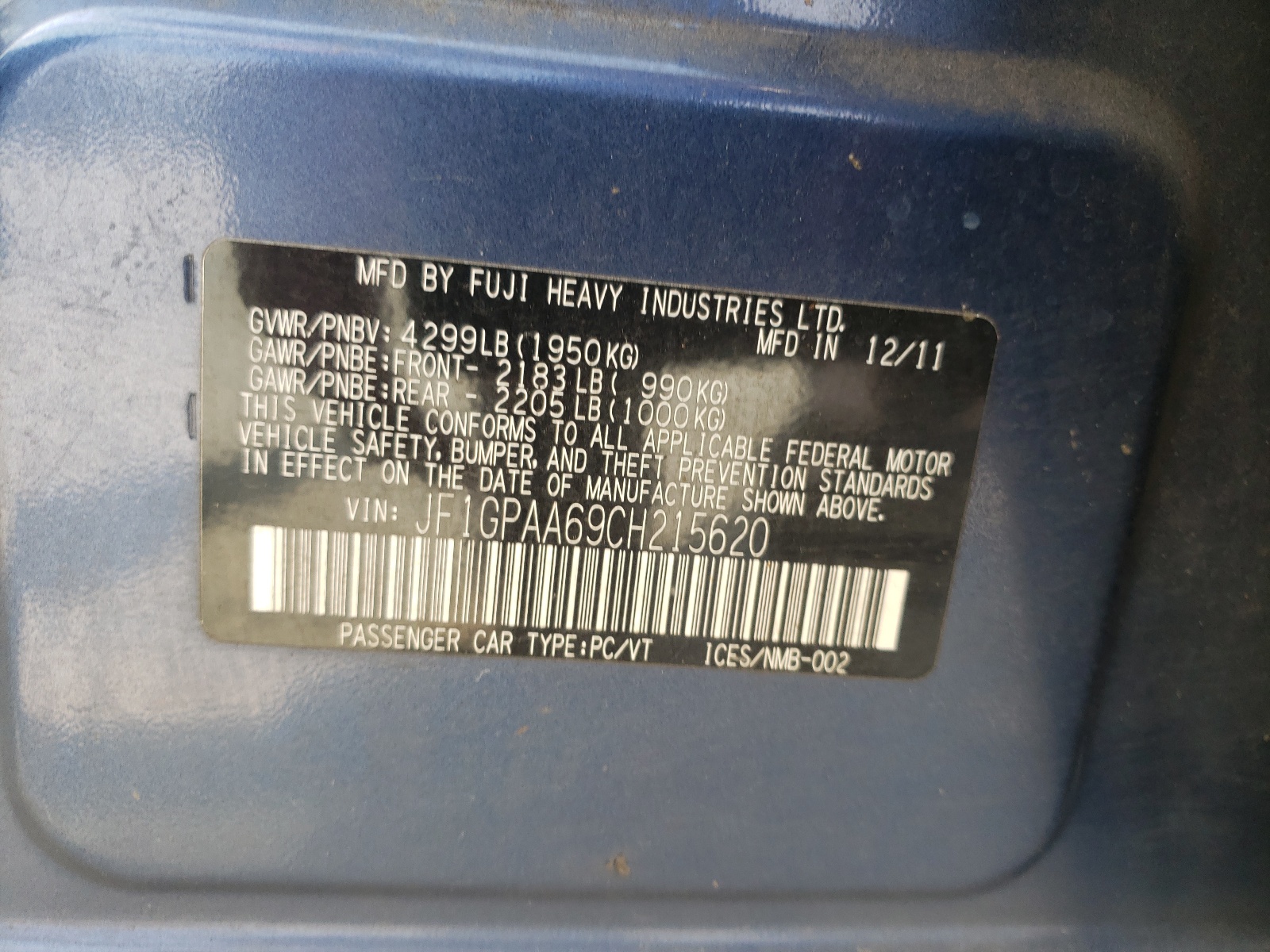 JF1GPAA69CH215620 2012 Subaru Impreza