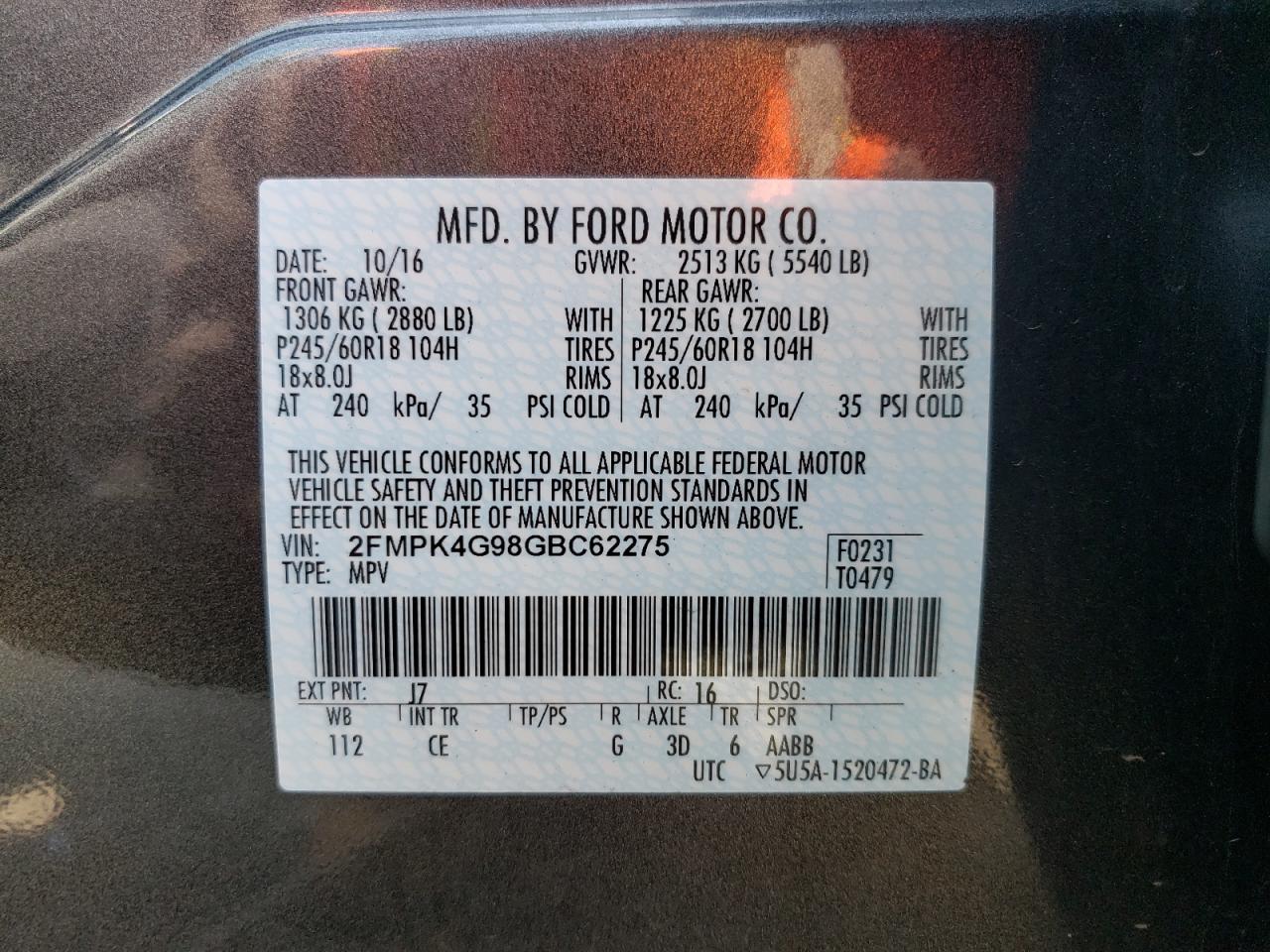 2FMPK4G98GBC62275 2016 Ford Edge Se