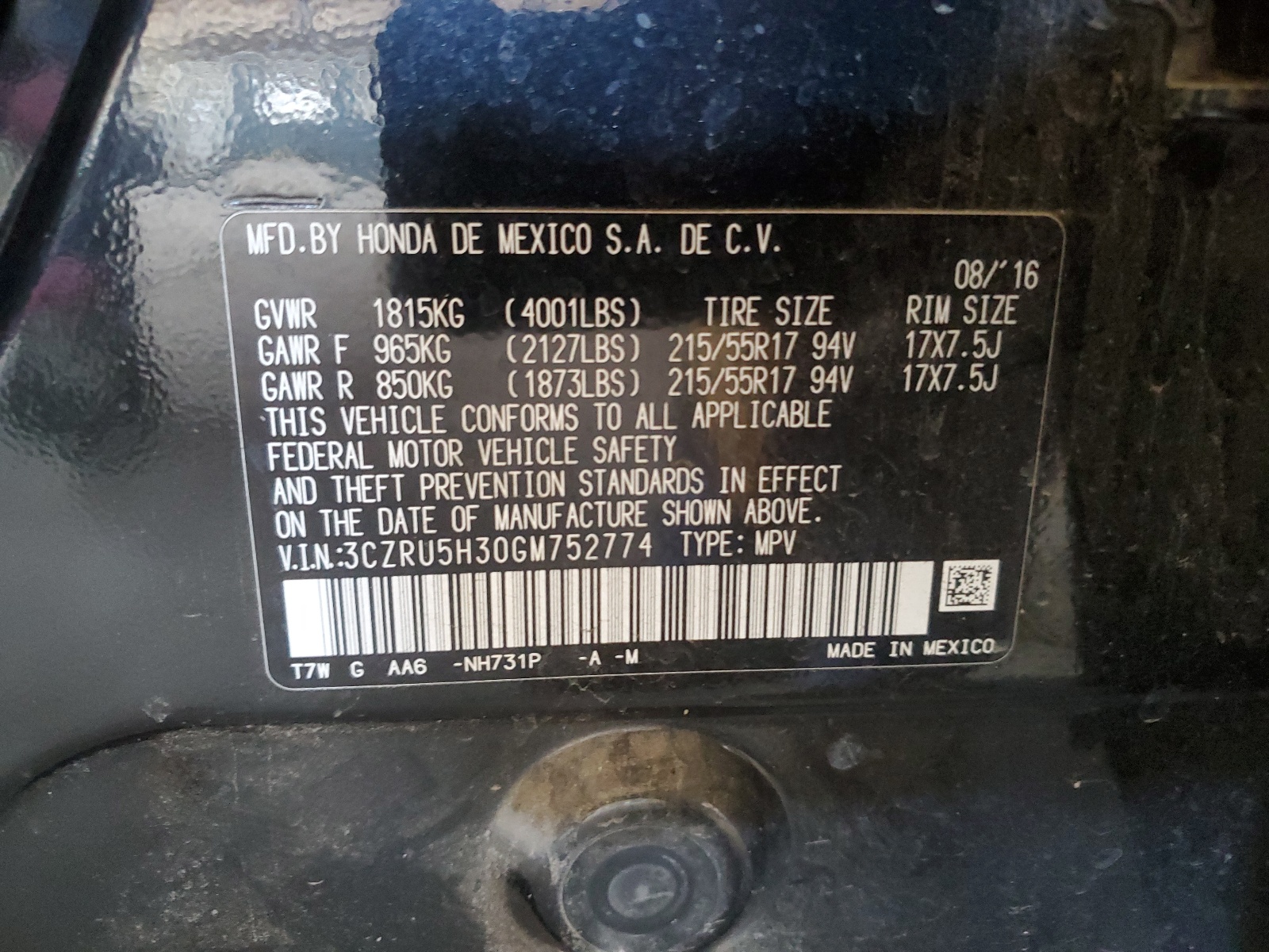 3CZRU5H30GM752774 2016 Honda Hr-V Lx