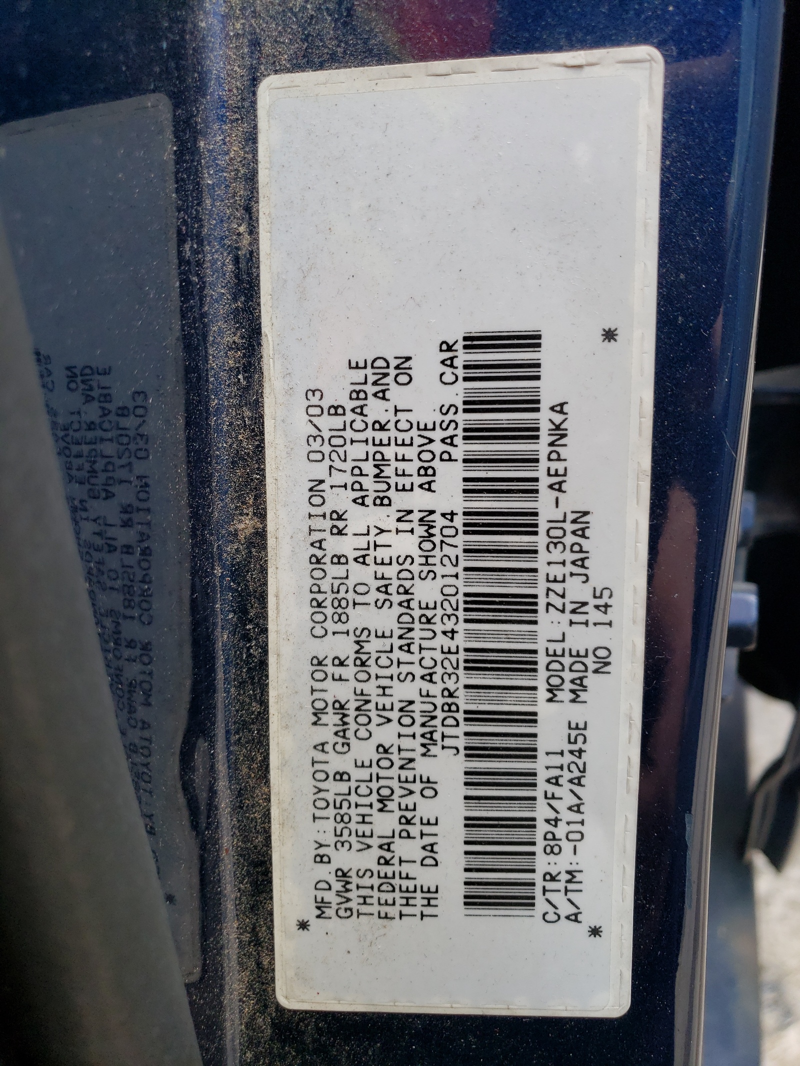 JTDBR32E432012704 2003 Toyota Corolla Ce