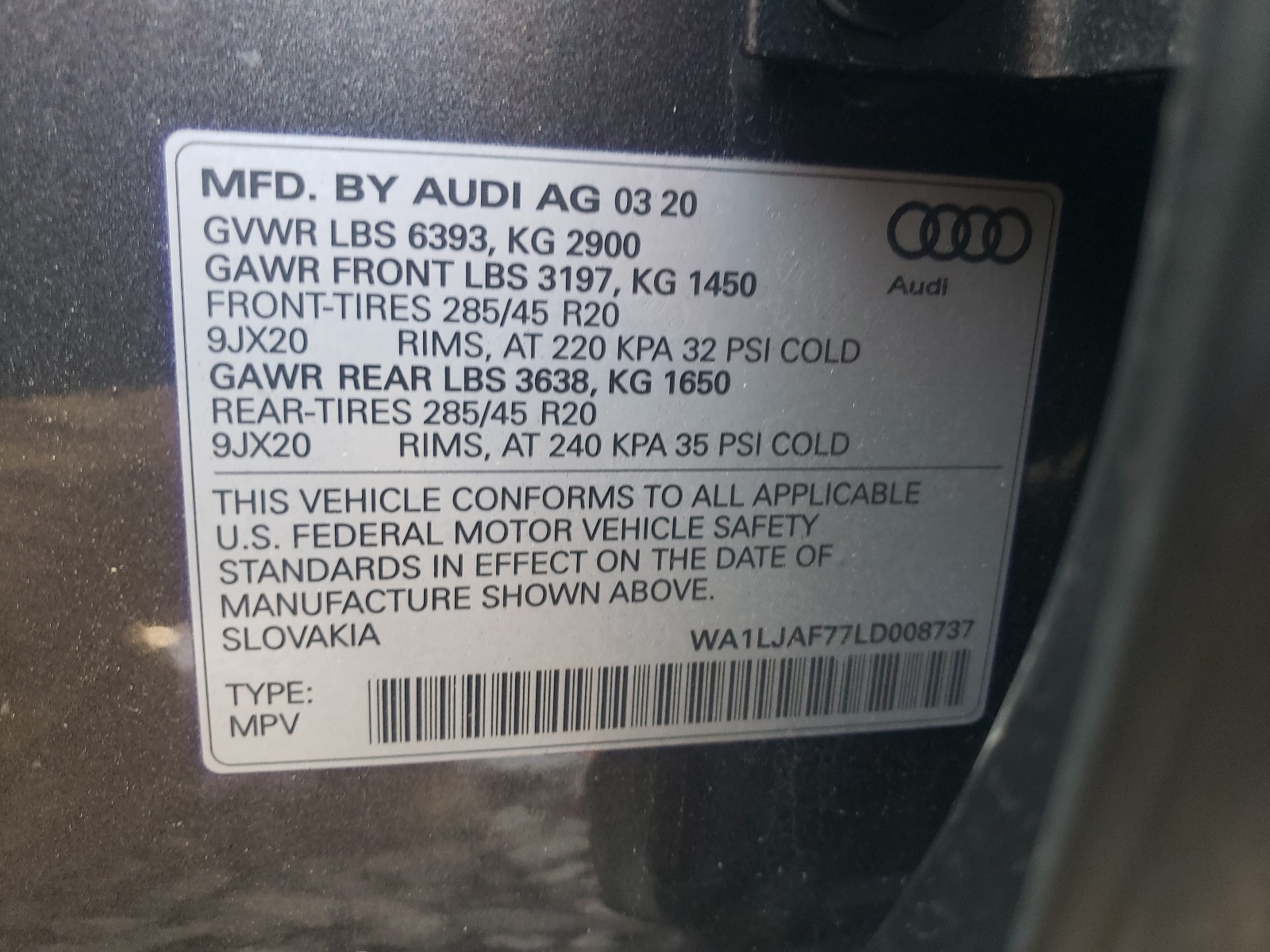 WA1LJAF77LD008737 2020 Audi Q7 Premium Plus