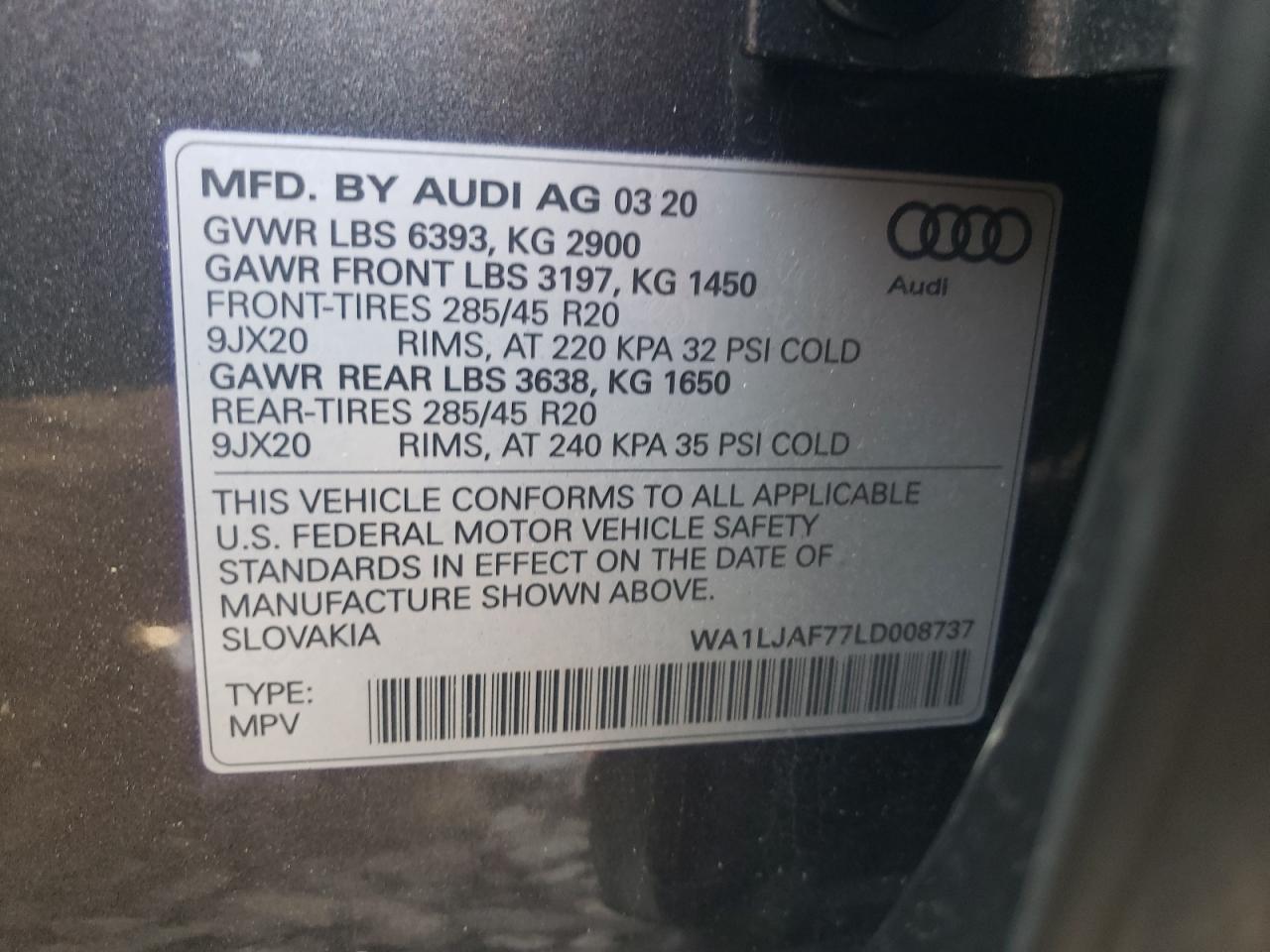 2020 Audi Q7 Premium Plus VIN: WA1LJAF77LD008737 Lot: 65976614