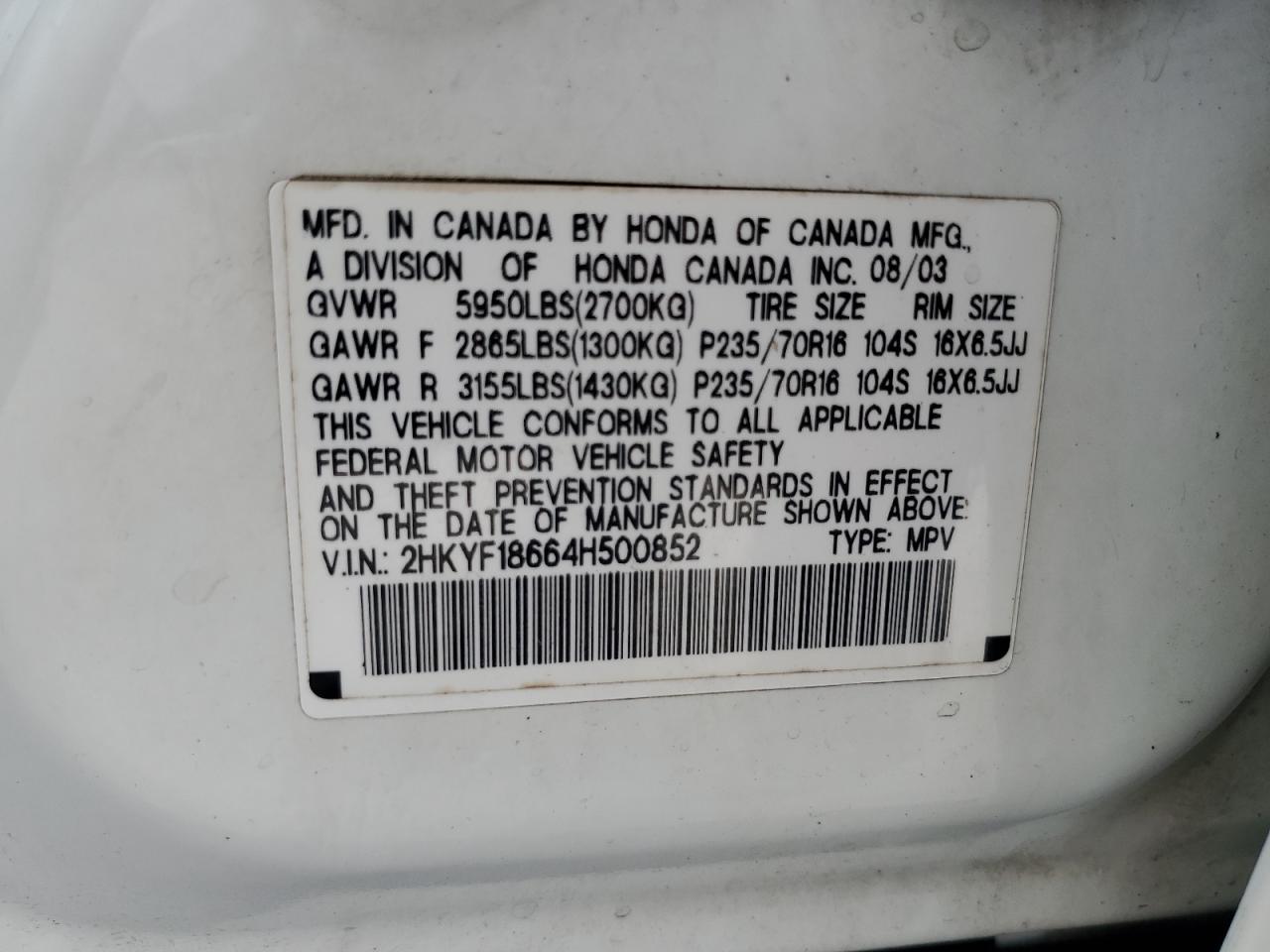 2004 Honda Pilot Exl VIN: 2HKYF18664H500852 Lot: 68562014