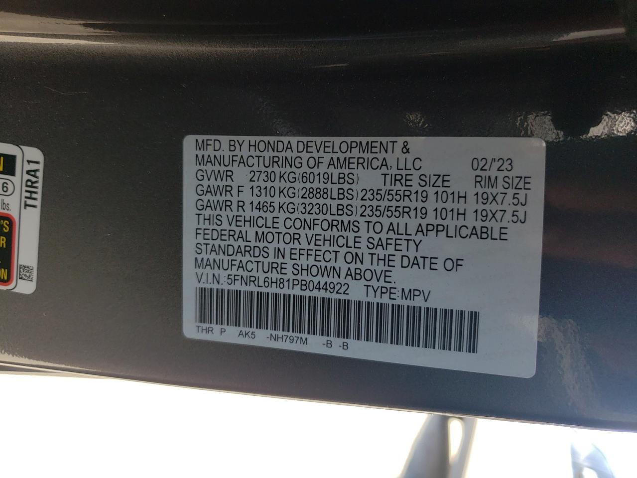 5FNRL6H81PB044922 2023 Honda Odyssey Touring