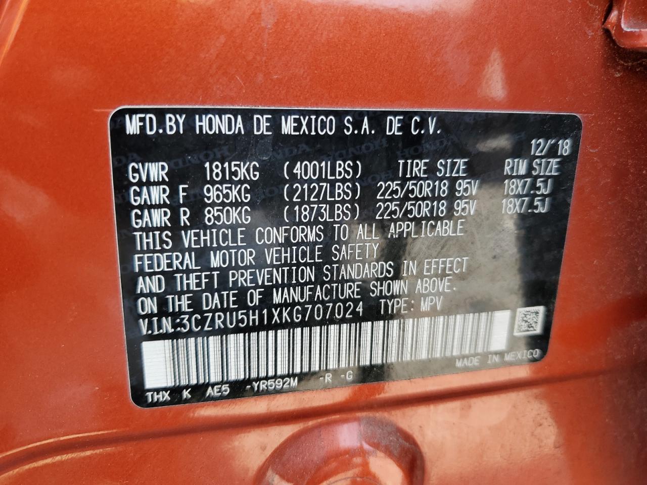 2019 Honda Hr-V Sport VIN: 3CZRU5H1XKG707024 Lot: 65562284