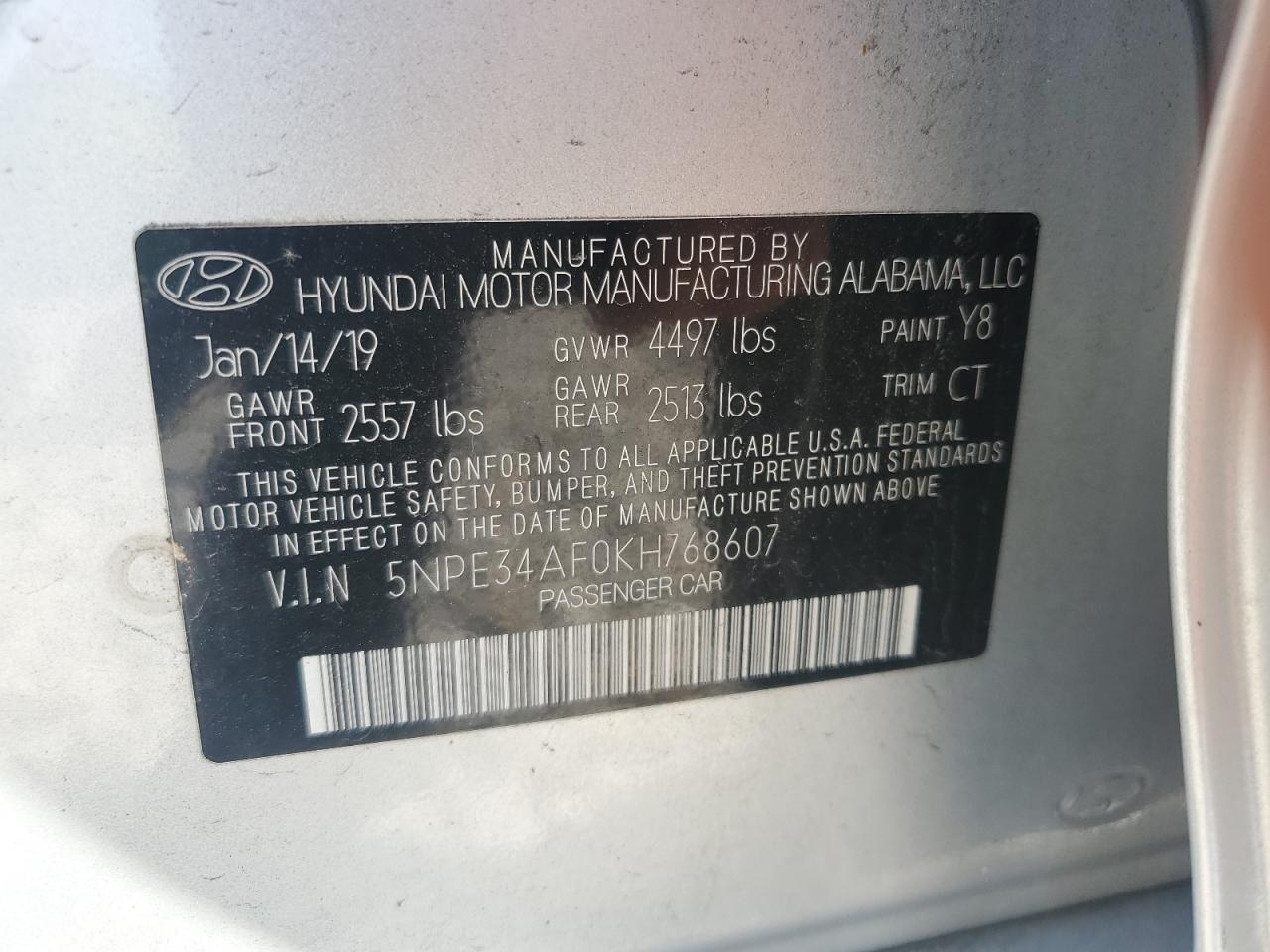 5NPE34AF0KH768607 2019 HYUNDAI SONATA - Image 12