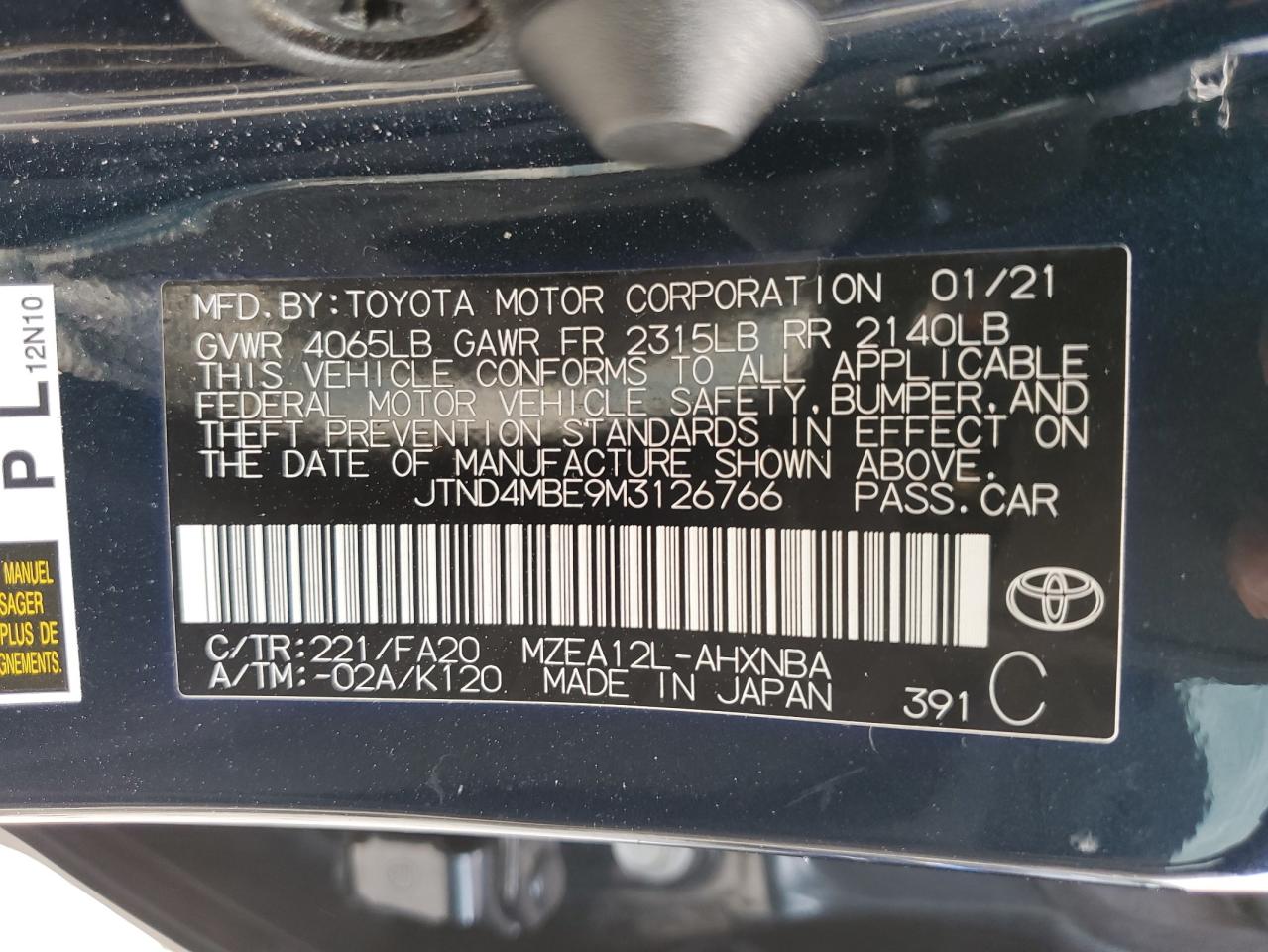 2021 Toyota Corolla Se VIN: JTND4MBE9M3126766 Lot: 67270394