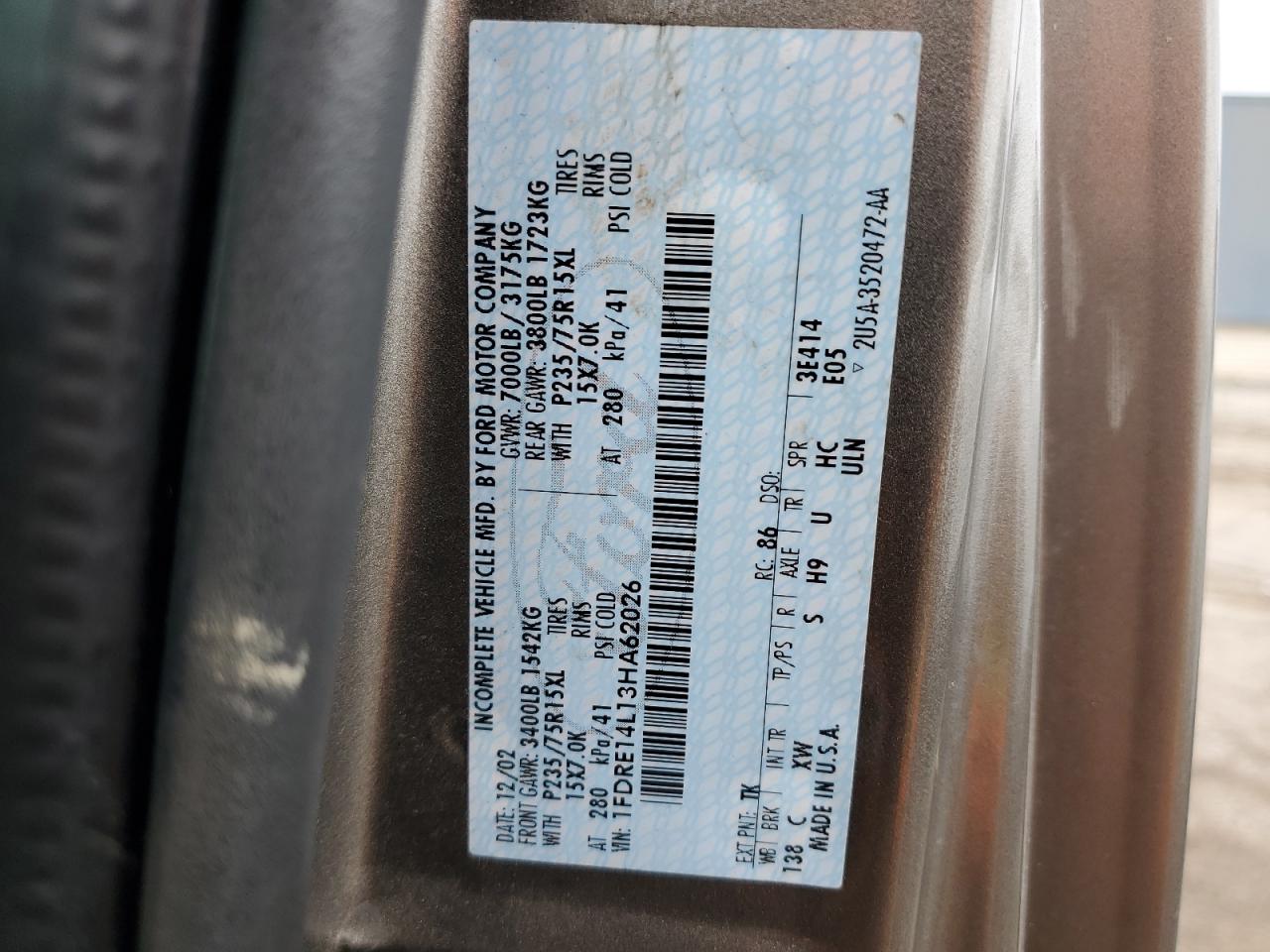 2003 Ford Econoline E150 Van VIN: 1FDRE14L13HA62026 Lot: 65942404