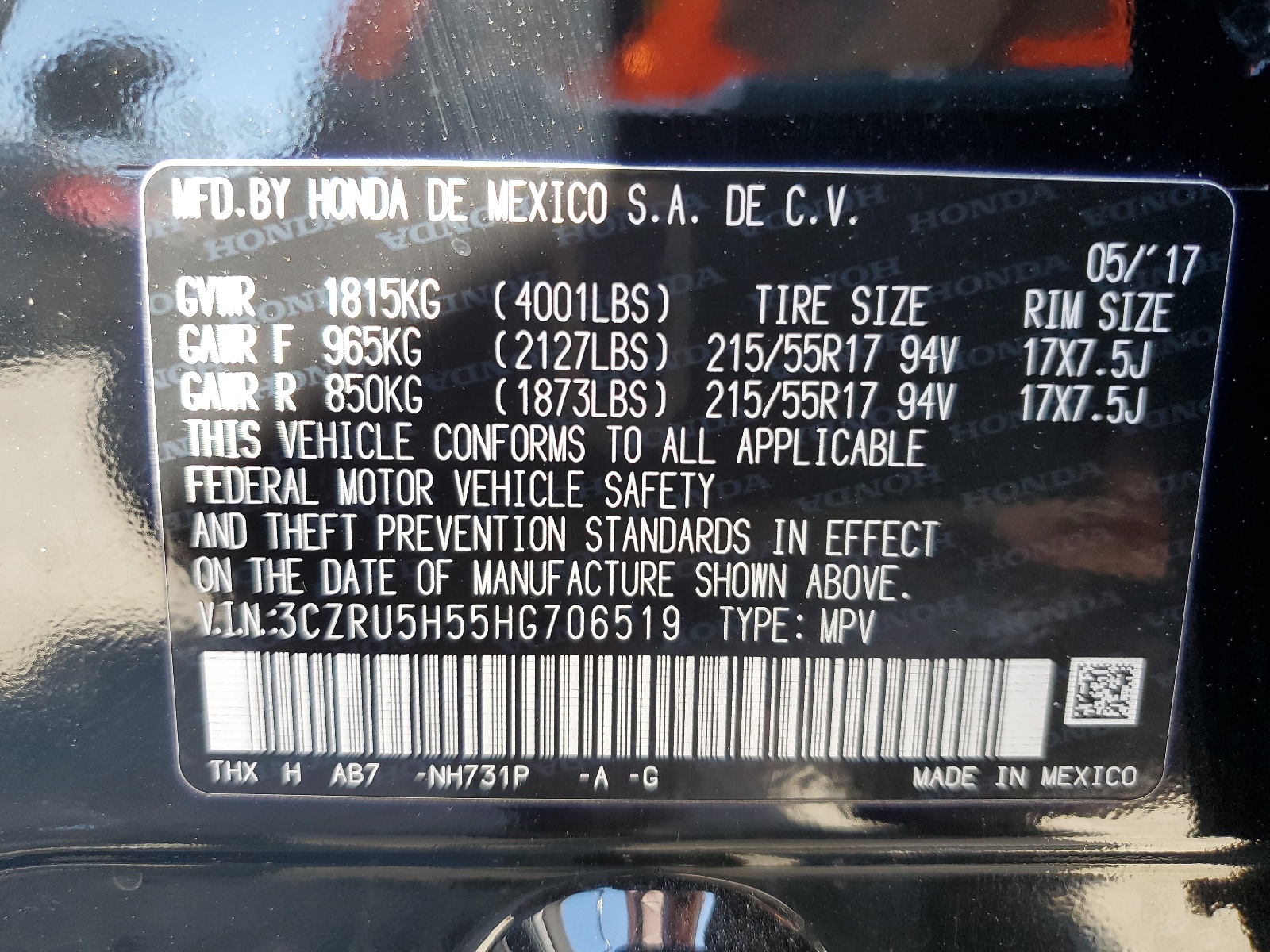 3CZRU5H55HG706519 2017 Honda Hr-V Ex