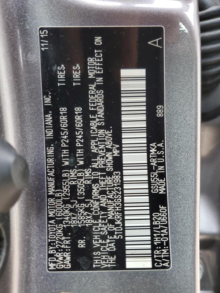 2016 Toyota Highlander Xle VIN: 5TDJKRFH3GS231983 Lot: 67571984