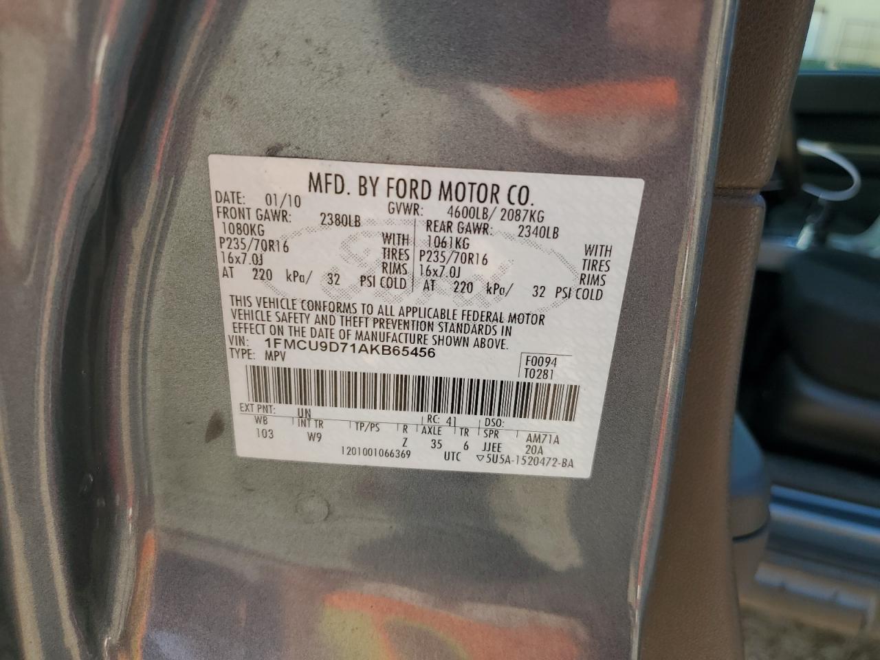 2010 Ford Escape Xlt VIN: 1FMCU9D71AKB65456 Lot: 67067754