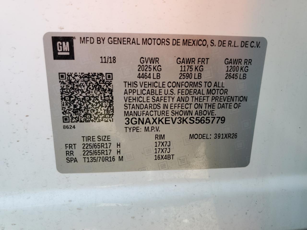 3GNAXKEV3KS565779 2019 Chevrolet Equinox Lt