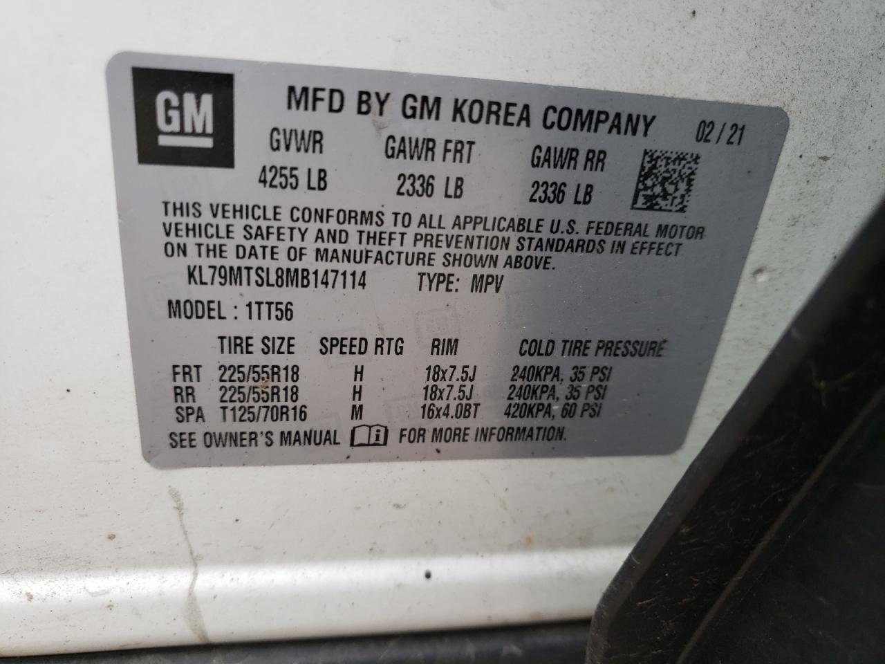 2021 Chevrolet Trailblazer Rs VIN: KL79MTSL8MB147114 Lot: 65485824