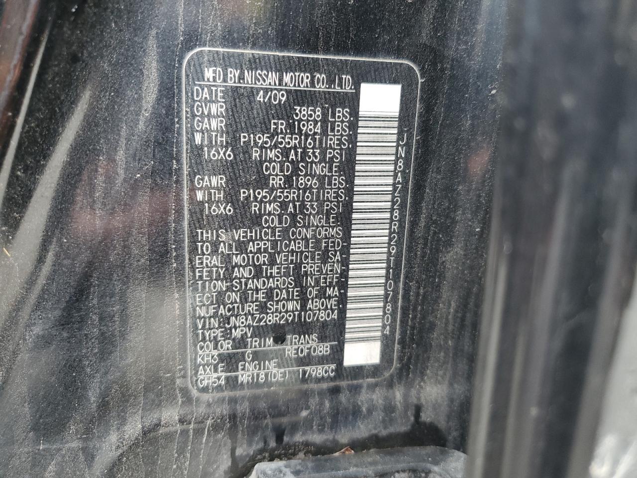 2009 Nissan Cube Base VIN: JN8AZ28R29T107804 Lot: 66362374