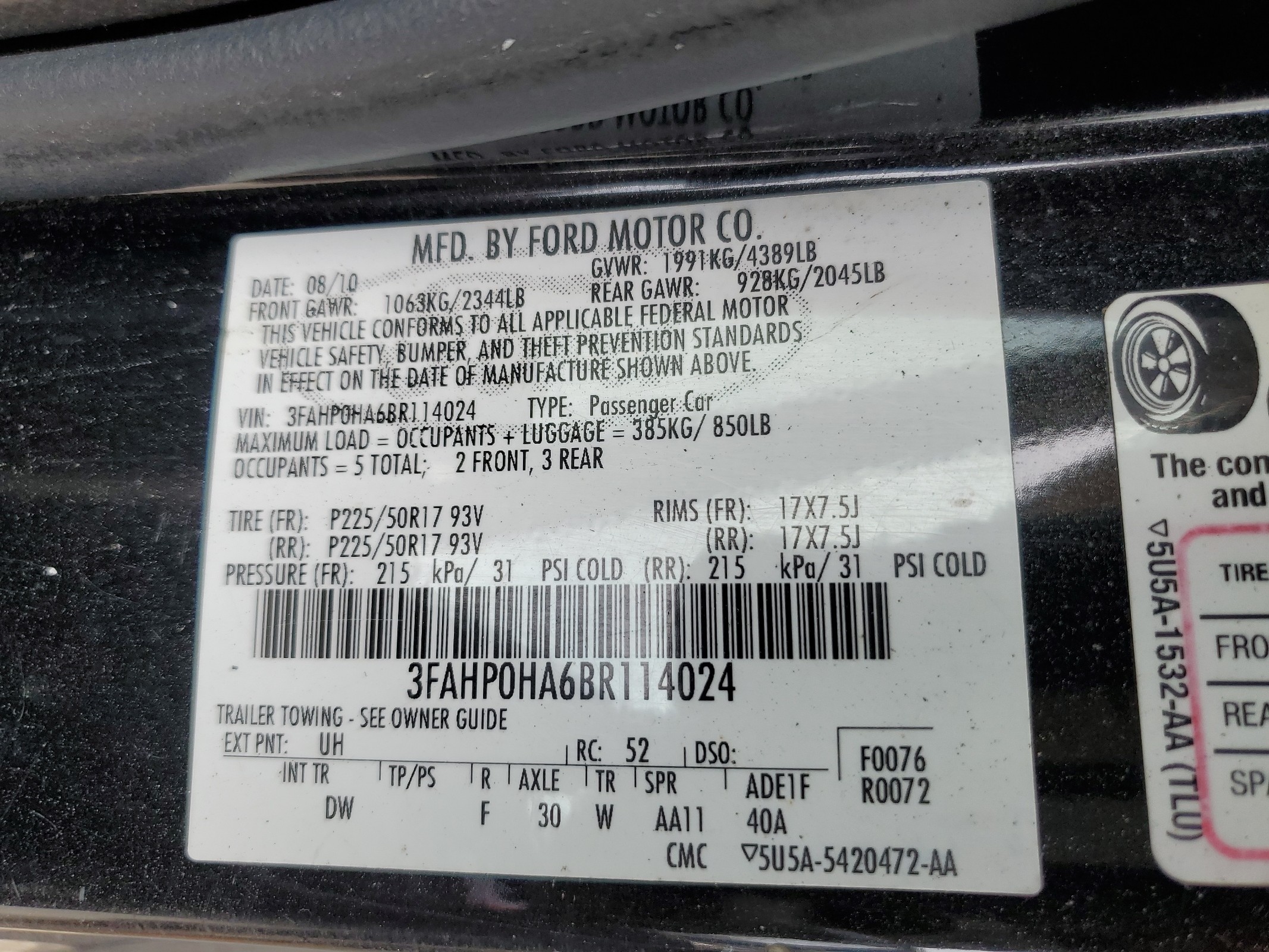3FAHP0HA6BR114024 2011 Ford Fusion Se