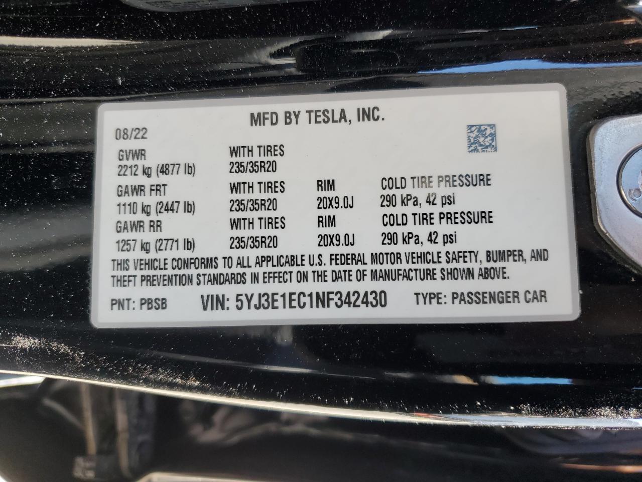 2022 Tesla Model 3 VIN: 5YJ3E1EC1NF342430 Lot: 67236494