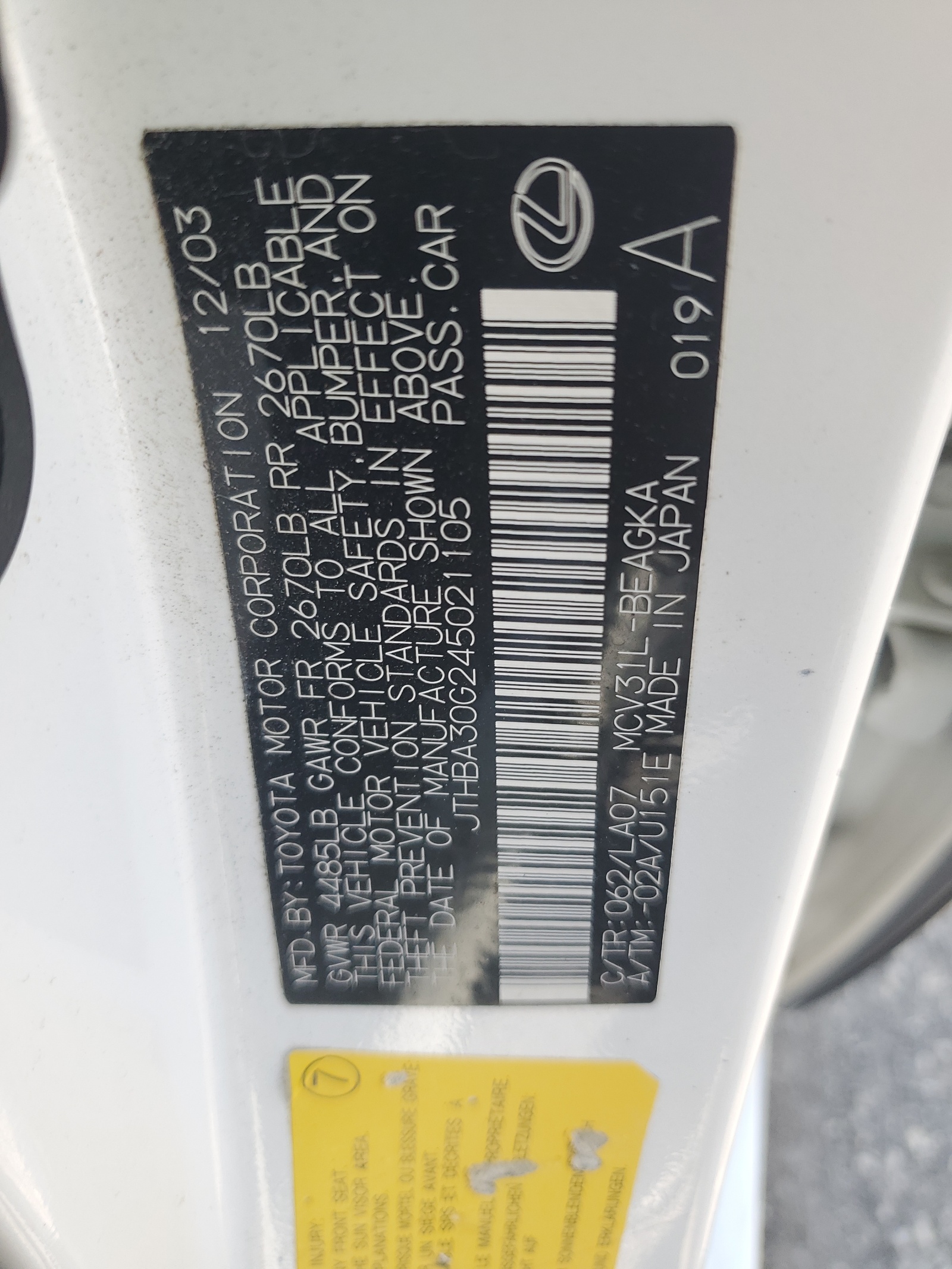 JTHBA30G245021105 2004 Lexus Es 330