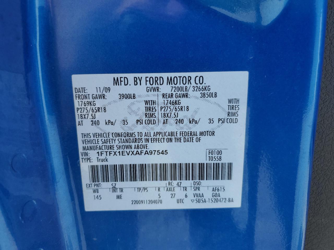 2010 Ford F150 Super Cab VIN: 1FTFX1EVXAFA97545 Lot: 69690224