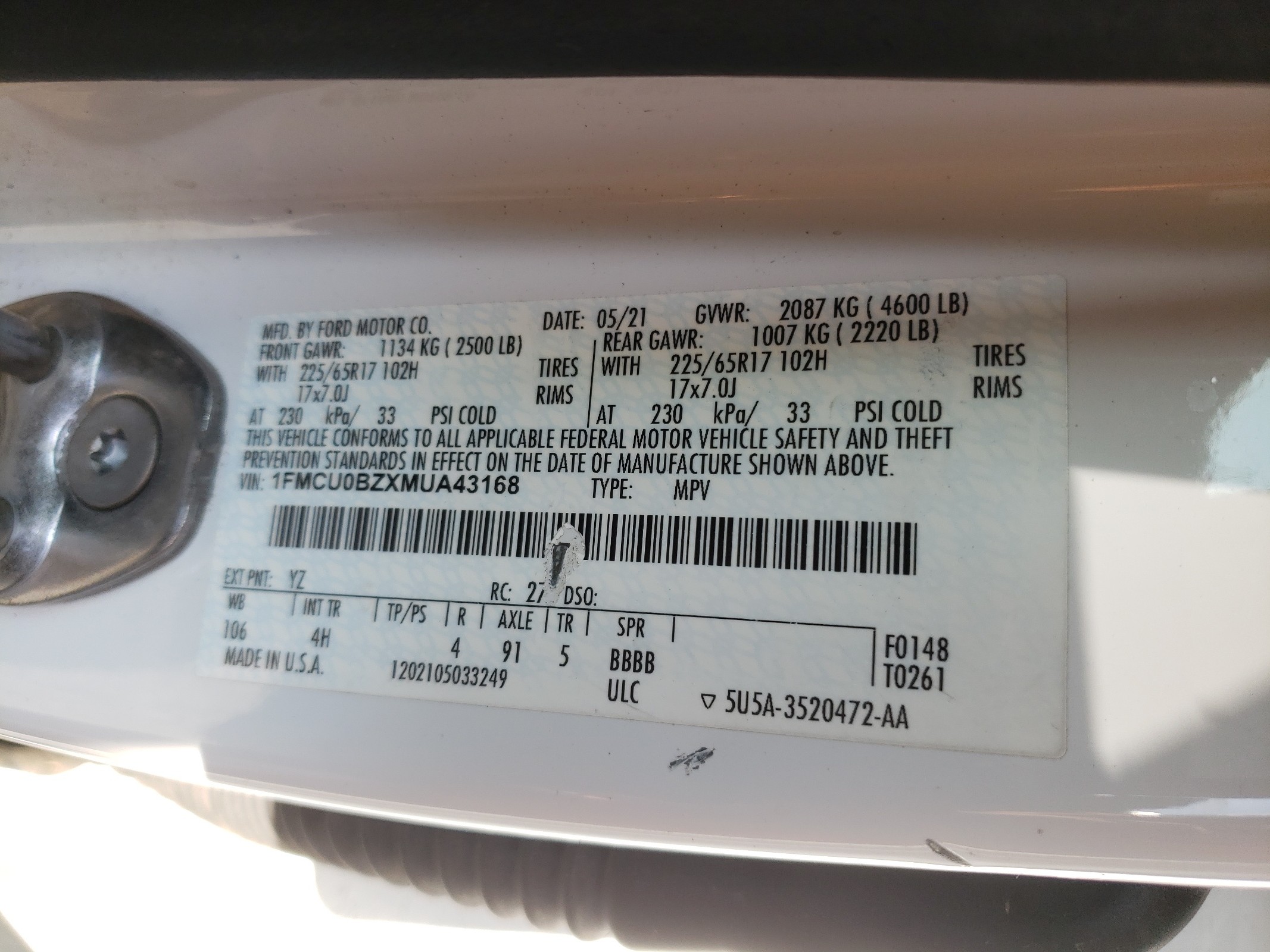 1FMCU0BZXMUA43168 2021 Ford Escape Se