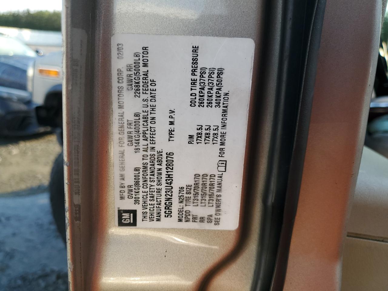 2003 Hummer H2 VIN: 5GRGN23U43H128076 Lot: 66064544