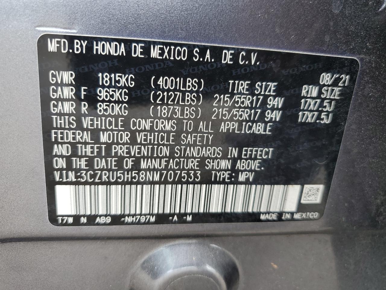 3CZRU5H58NM707533 2022 Honda Hr-V Ex