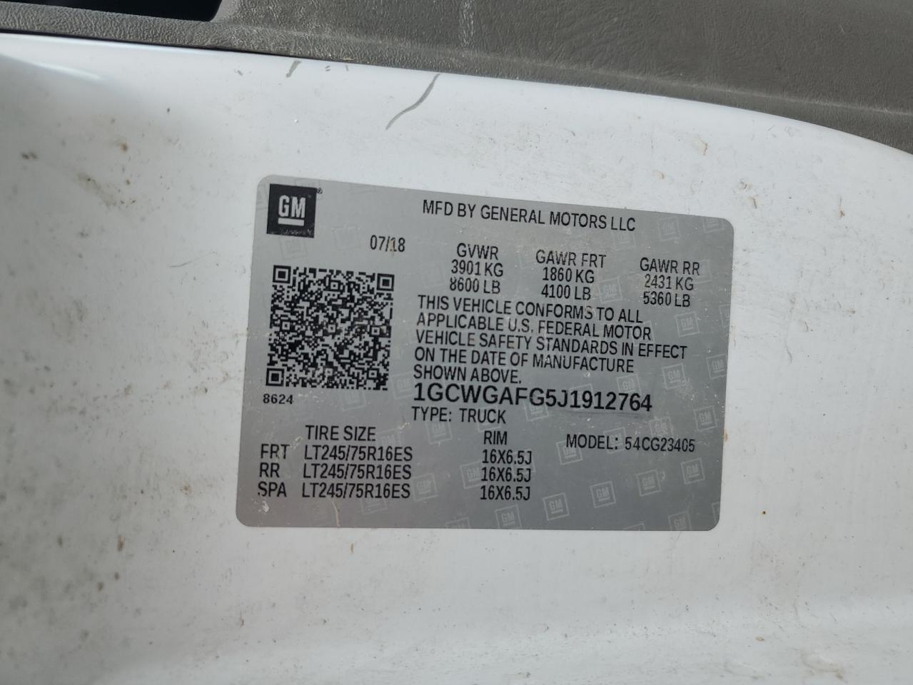 2018 Chevrolet Express G2500 VIN: 1GCWGAFG5J1912764 Lot: 62026864