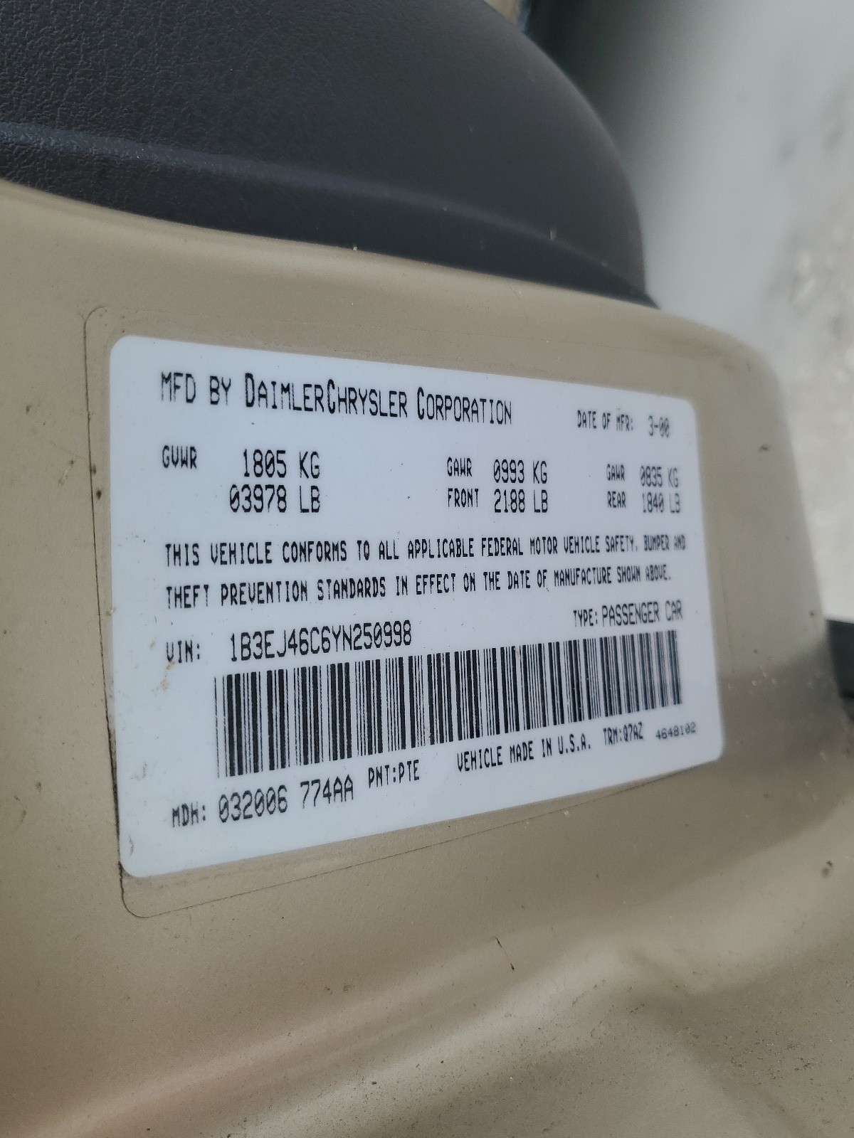 1B3EJ46C6YN250998 2000 Dodge Stratus Se