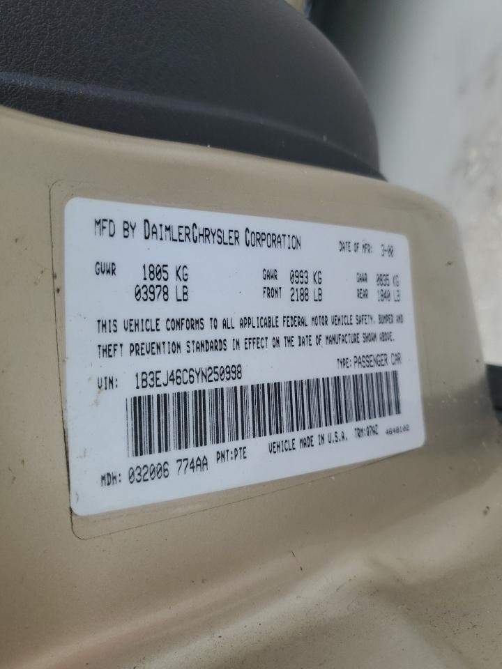 2000 Dodge Stratus Se VIN: 1B3EJ46C6YN250998 Lot: 66240404