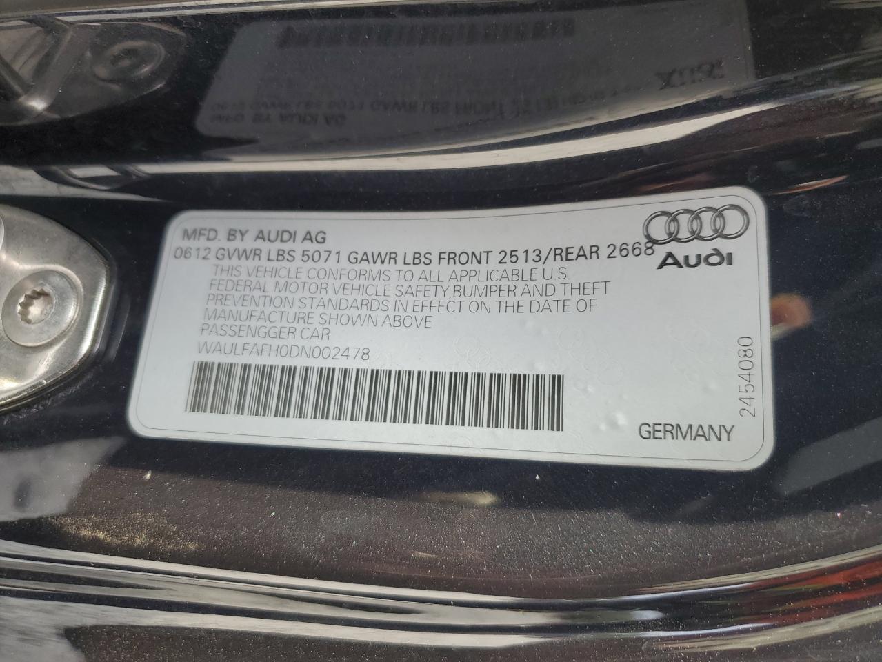 2013 Audi A5 Premium Plus VIN: WAULFAFH0DN002478 Lot: 67846334