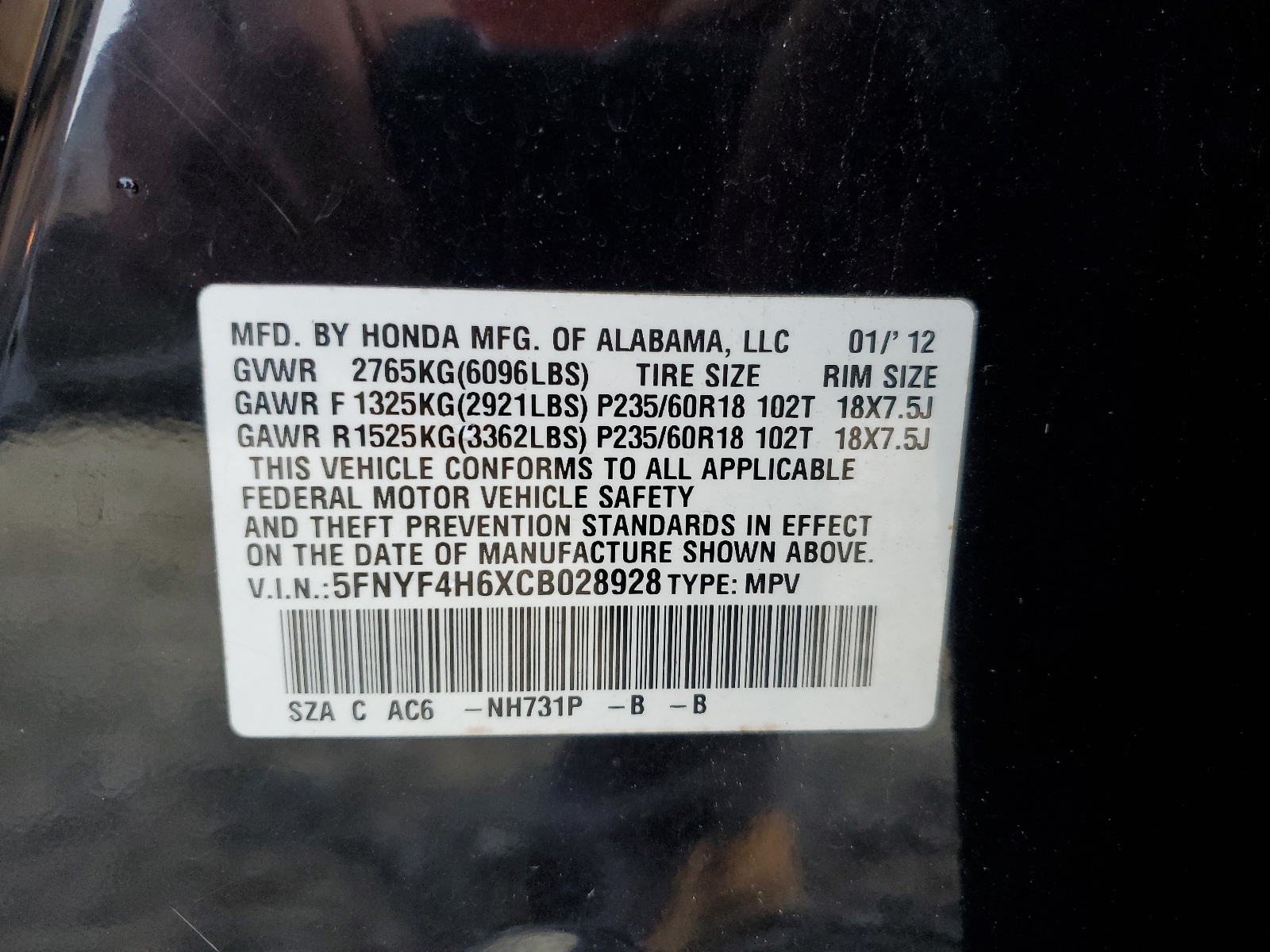5FNYF4H6XCB028928 2012 Honda Pilot Exl