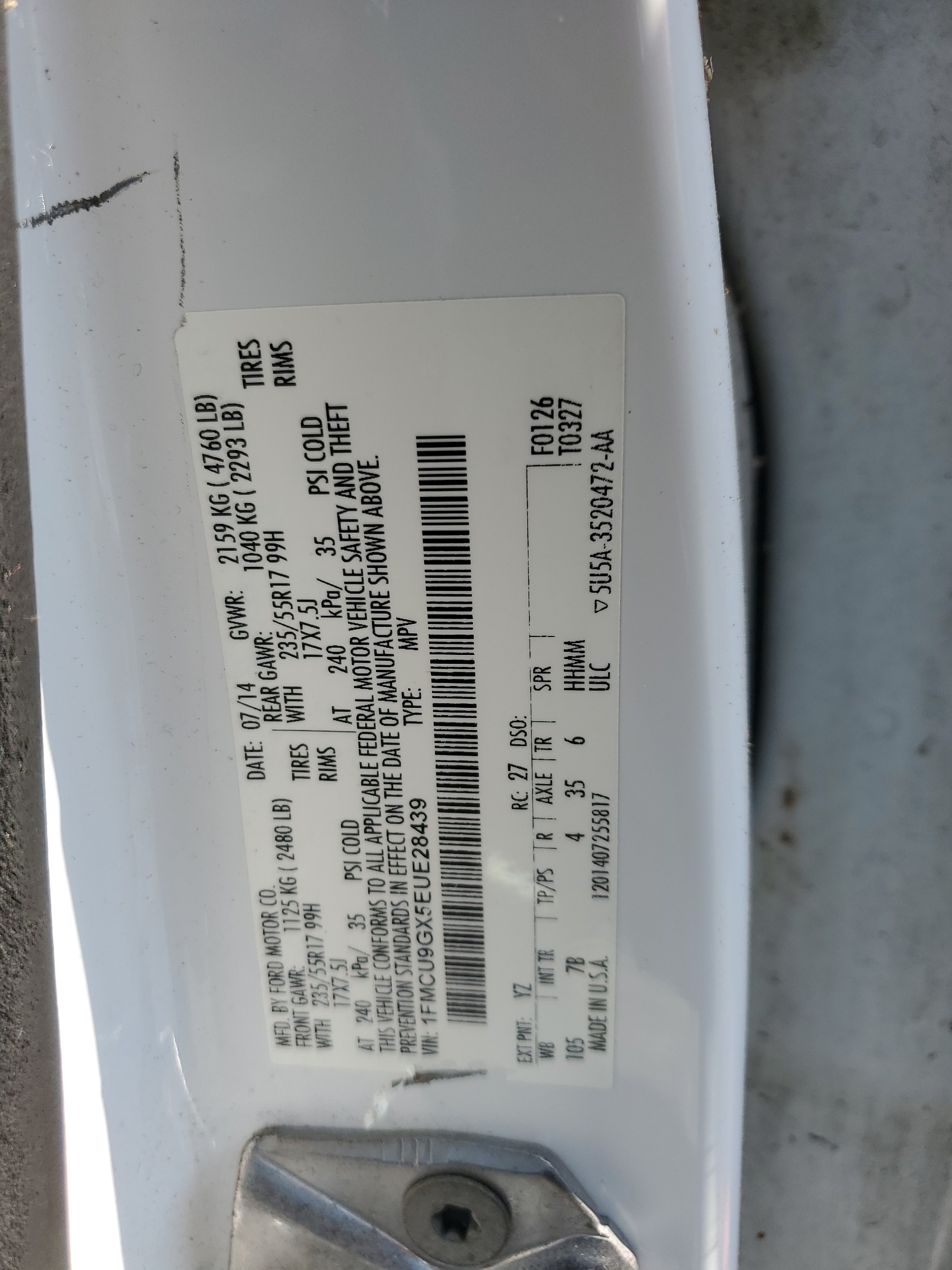 1FMCU9GX5EUE28439 2014 Ford Escape Se