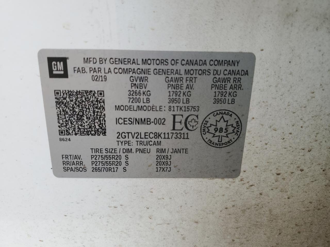 2019 GMC Sierra Limited K1500 VIN: 2GTV2LEC8K1173311 Lot: 65595614