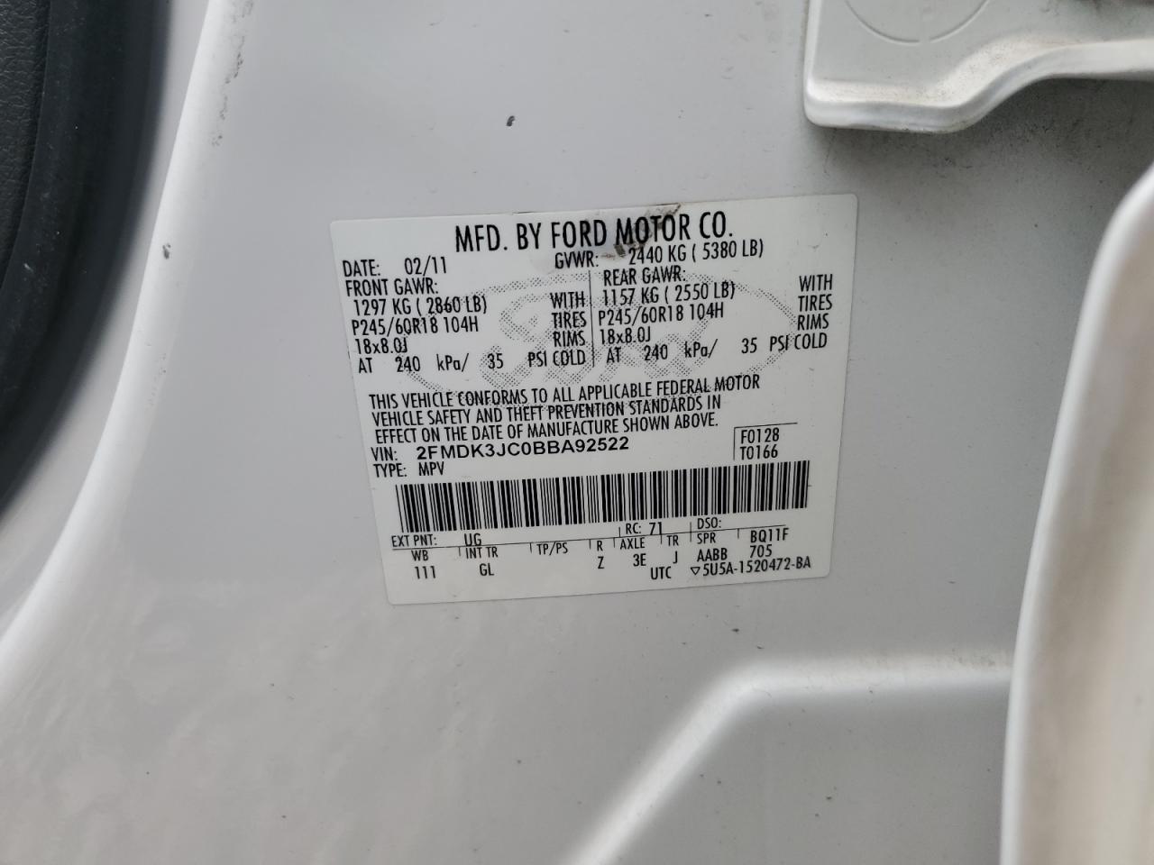 2011 Ford Edge Sel VIN: 2FMDK3JC0BBA92522 Lot: 66814324