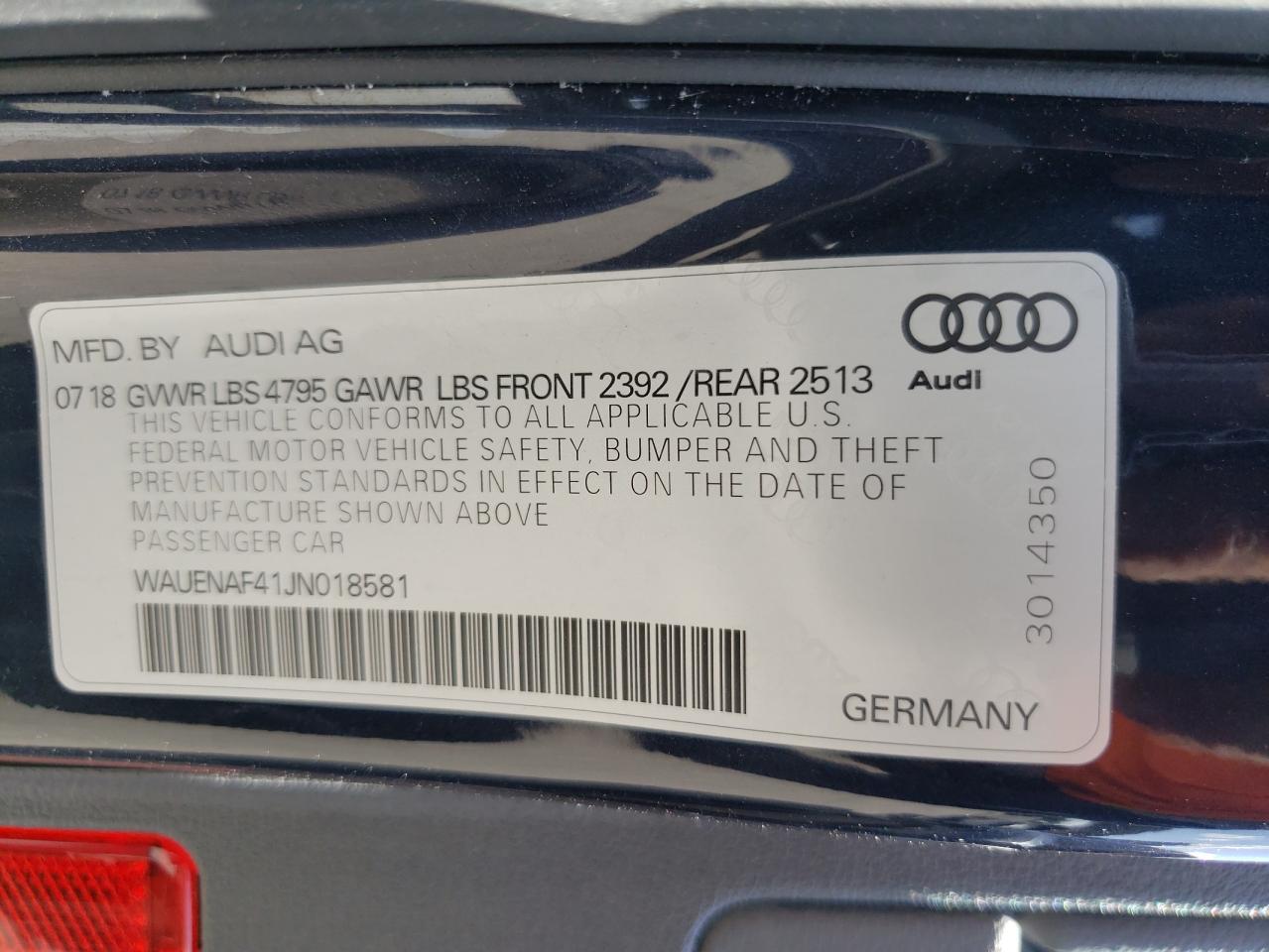 WAUENAF41JN018581 2018 Audi A4 Premium Plus