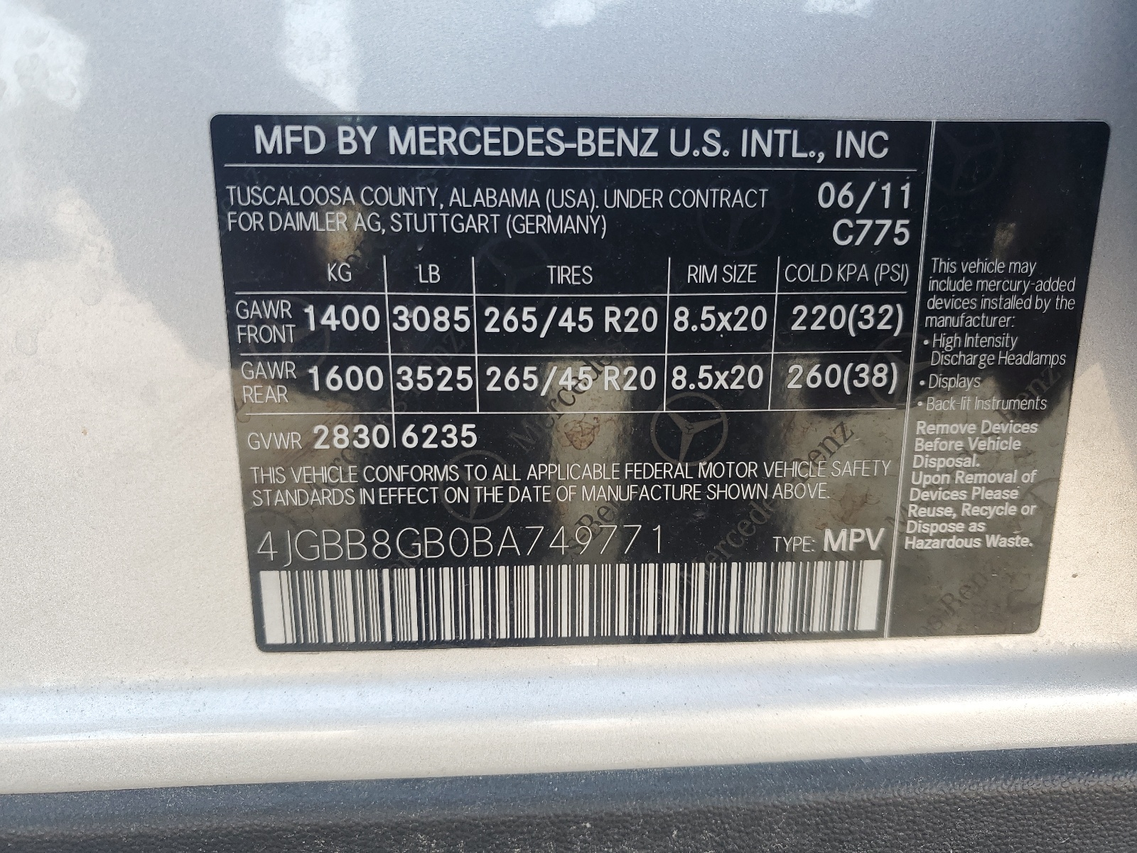 4JGBB8GB0BA749771 2011 Mercedes-Benz Ml 350 4Matic