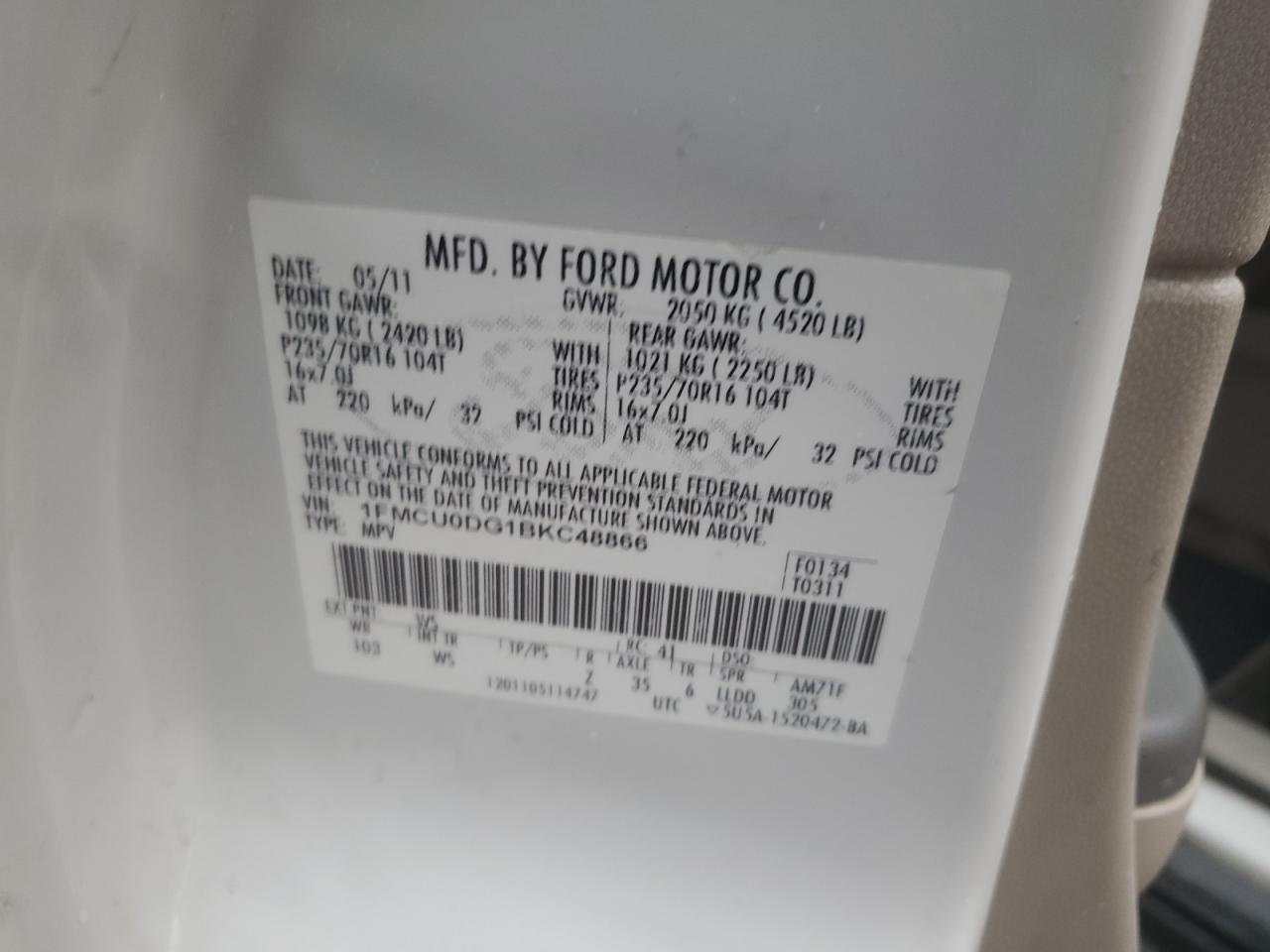 2011 Ford Escape Xlt VIN: 1FMCU0DG1BKC48866 Lot: 66612444