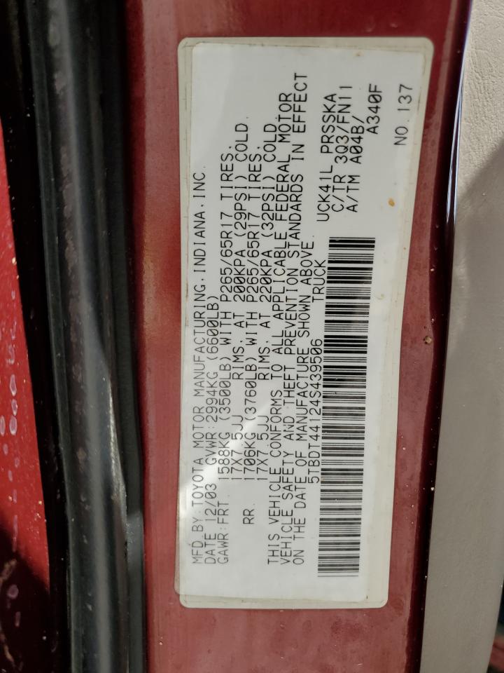 2004 Toyota Tundra Double Cab Sr5 VIN: 5TBDT44124S439506 Lot: 66423954