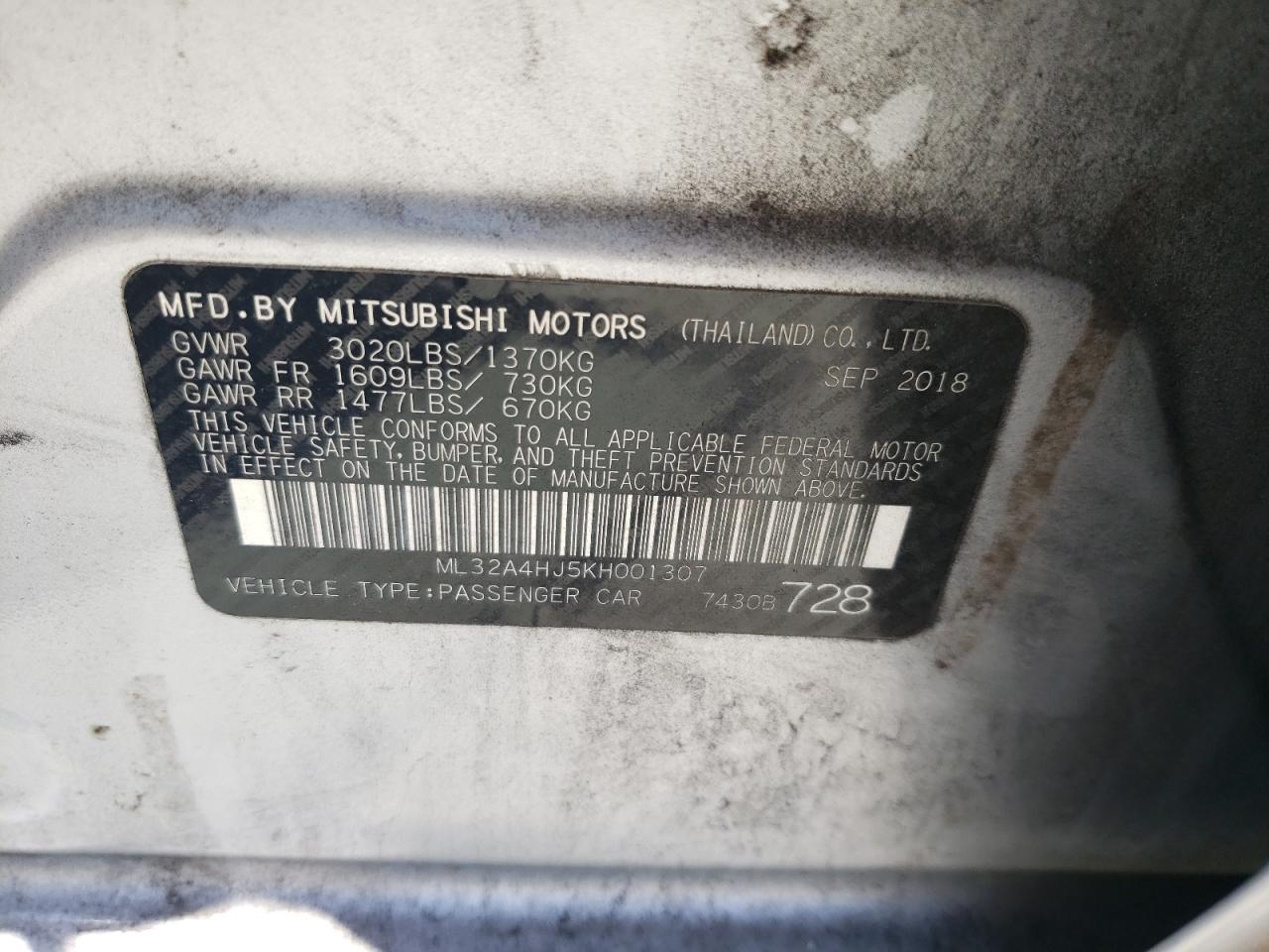 ML32A4HJ5KH001307 2019 Mitsubishi Mirage Se