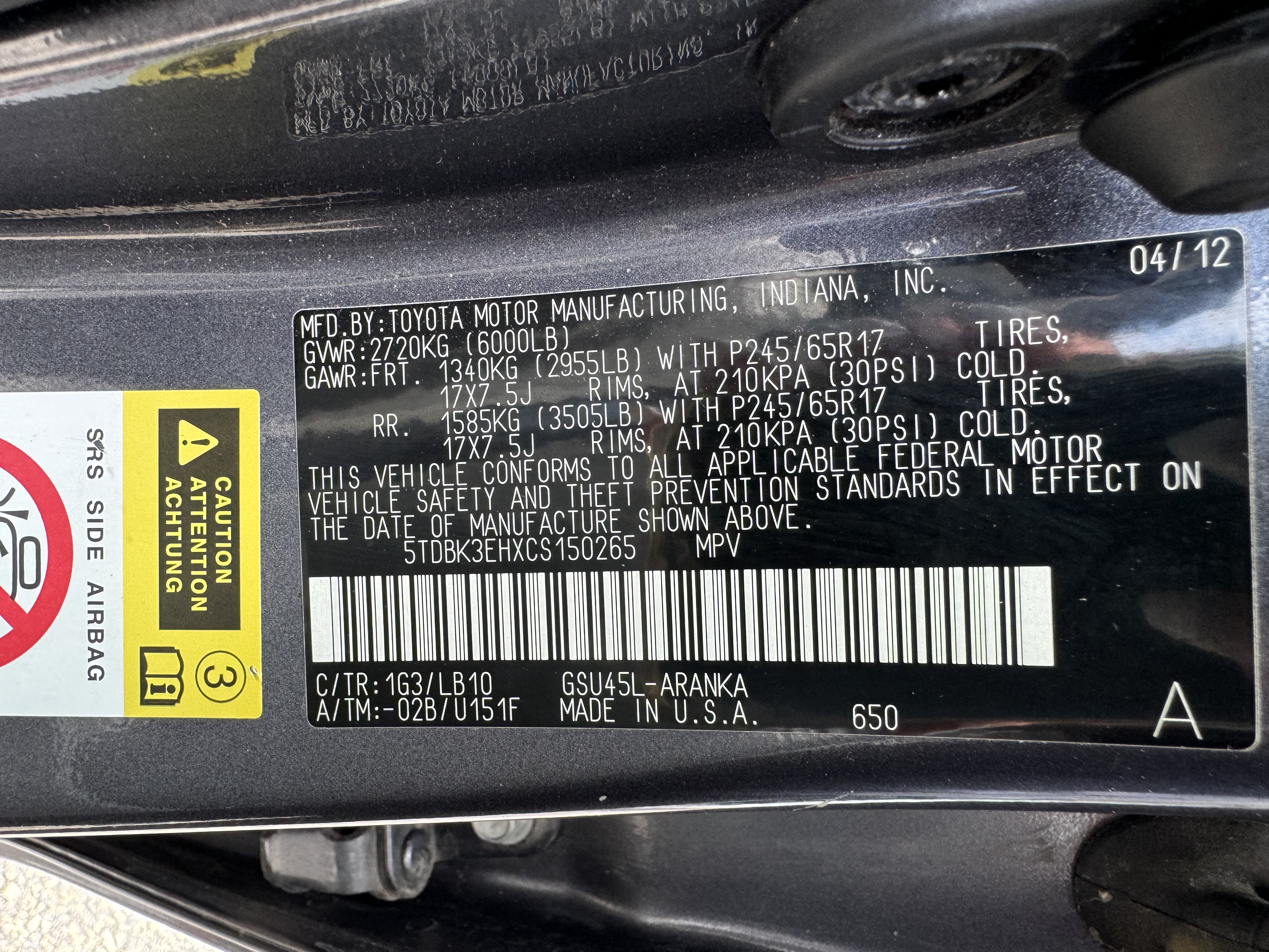 5TDBK3EHXCS150265 2012 Toyota Highlander Base