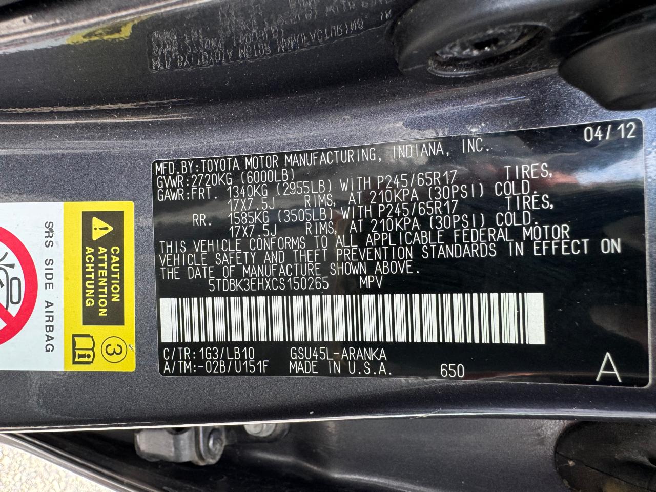 2012 Toyota Highlander Base VIN: 5TDBK3EHXCS150265 Lot: 66741014