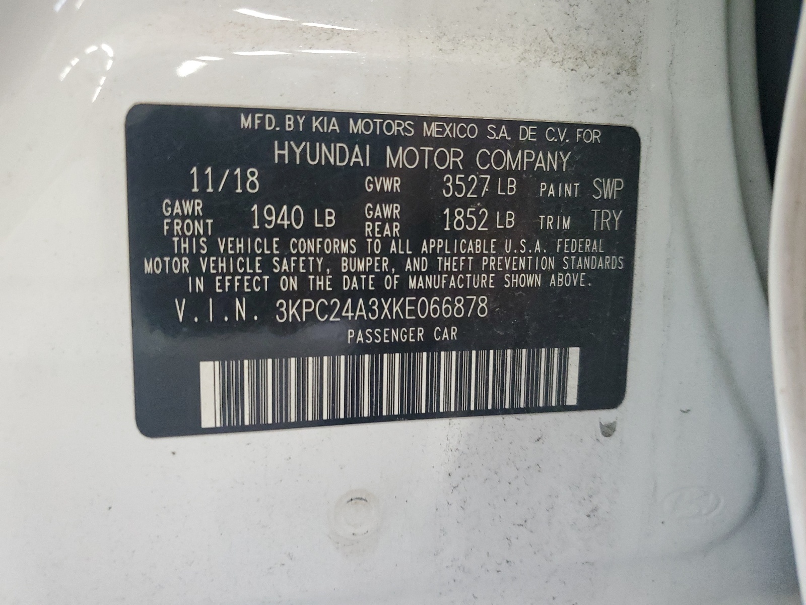 3KPC24A3XKE066878 2019 Hyundai Accent Se