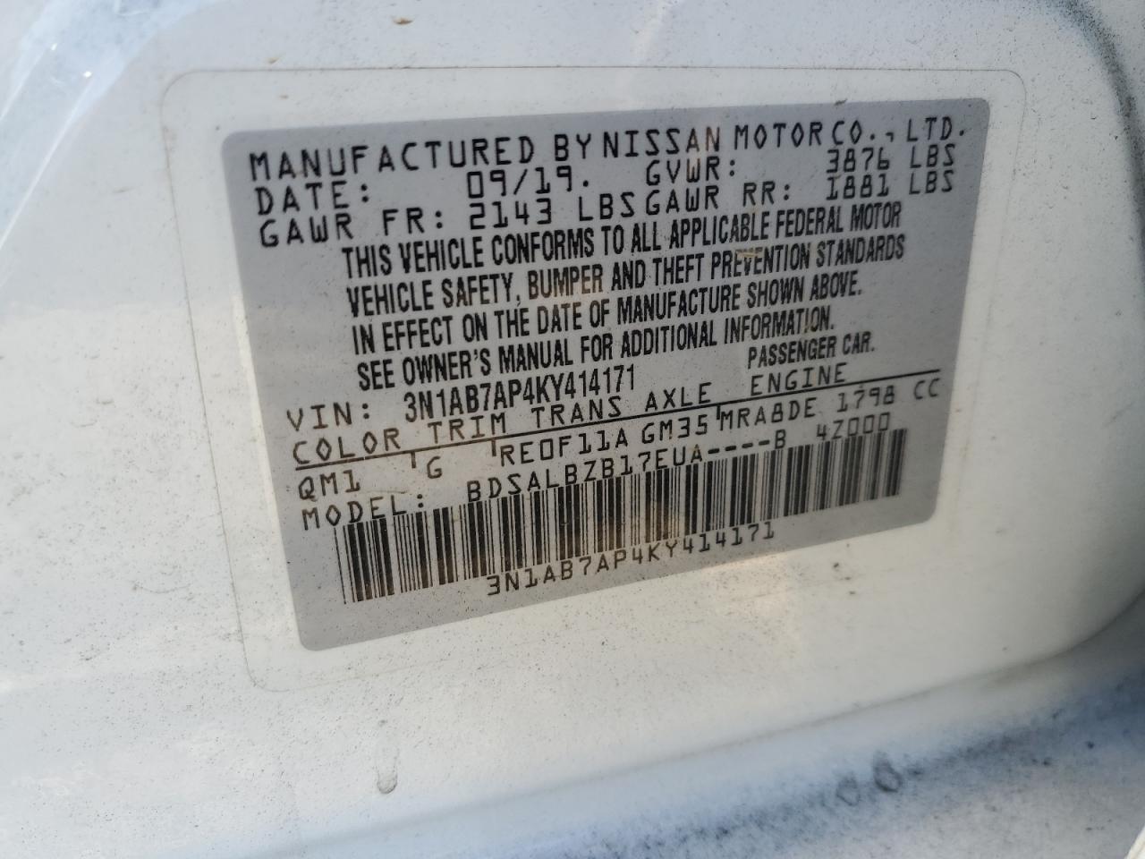 3N1AB7AP4KY414171 2019 Nissan Sentra S