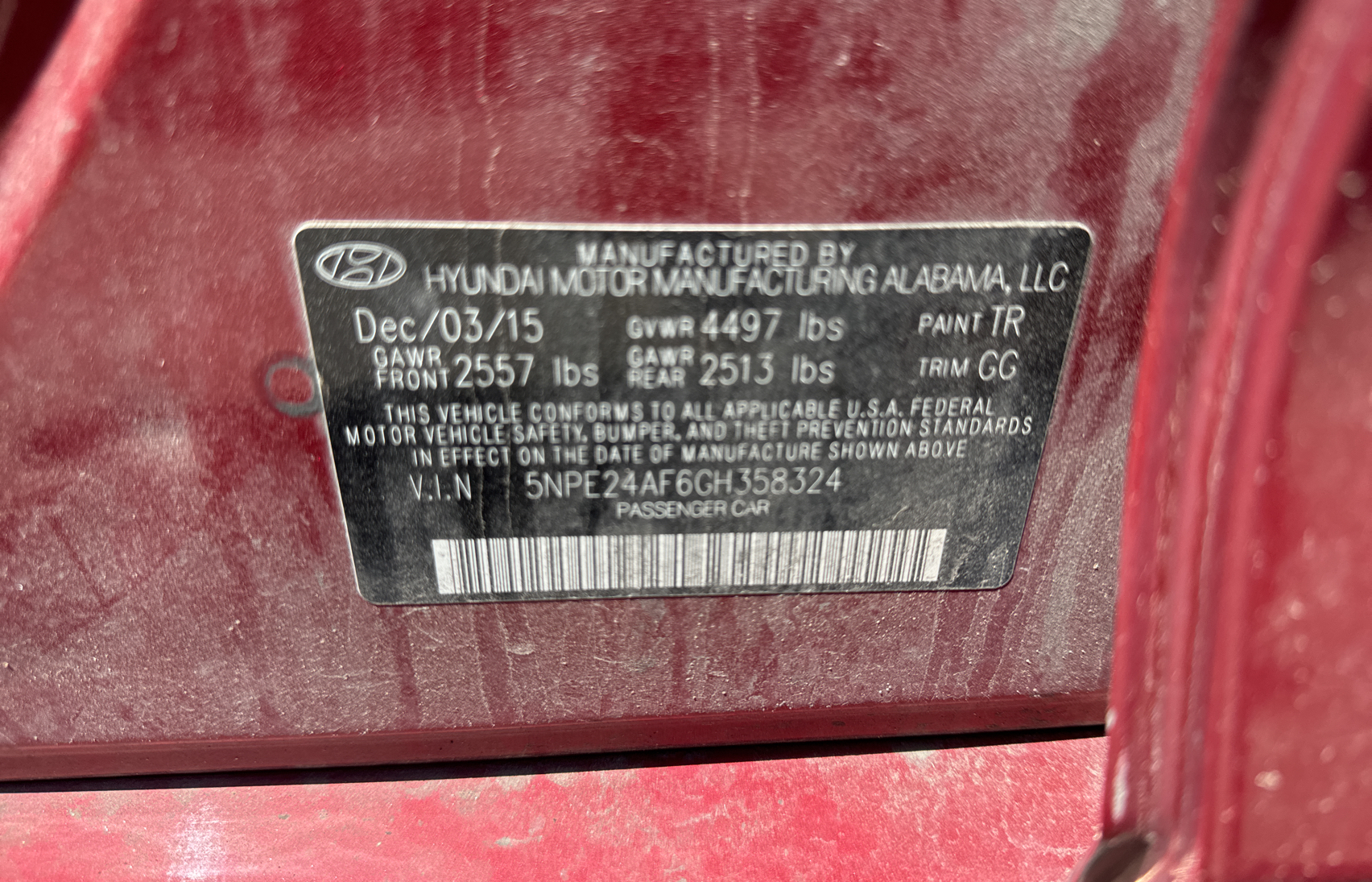 2016 Hyundai Sonata Se vin: 5NPE24AF6GH358324