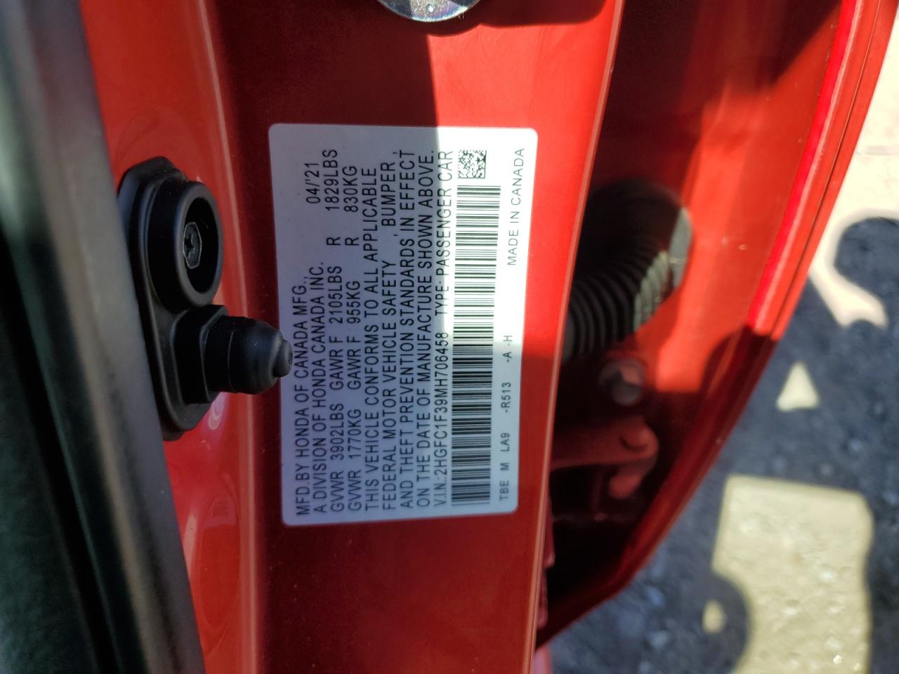 2HGFC1F39MH706458 2021 Honda Civic Ex