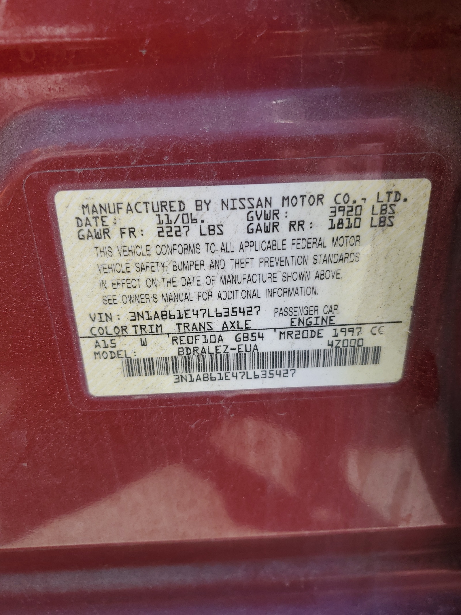 3N1AB61E47L635427 2007 Nissan Sentra 2.0