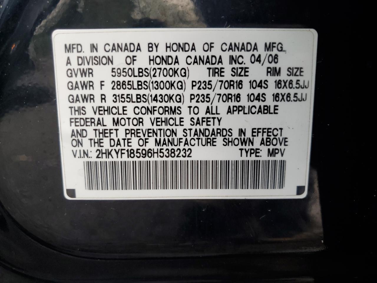 2006 Honda Pilot Ex VIN: 2HKYF18596H538232 Lot: 67734074