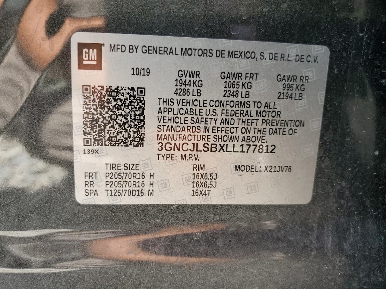 2020 Chevrolet Trax 1Lt VIN: 3GNCJLSBXLL177812 Lot: 67068554