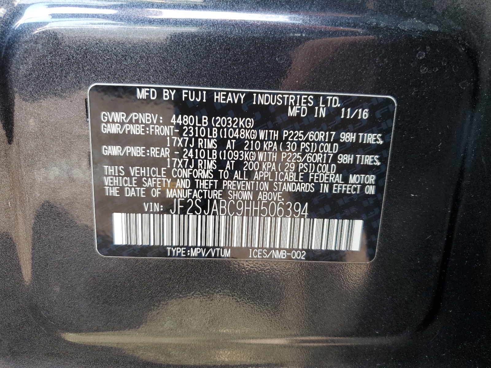 JF2SJABC9HH506394 2017 Subaru Forester 2.5I