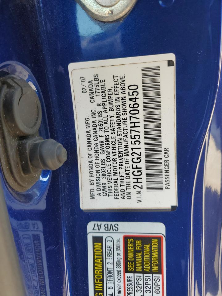 2007 Honda Civic Si VIN: 2HGFG21557H706450 Lot: 68310384